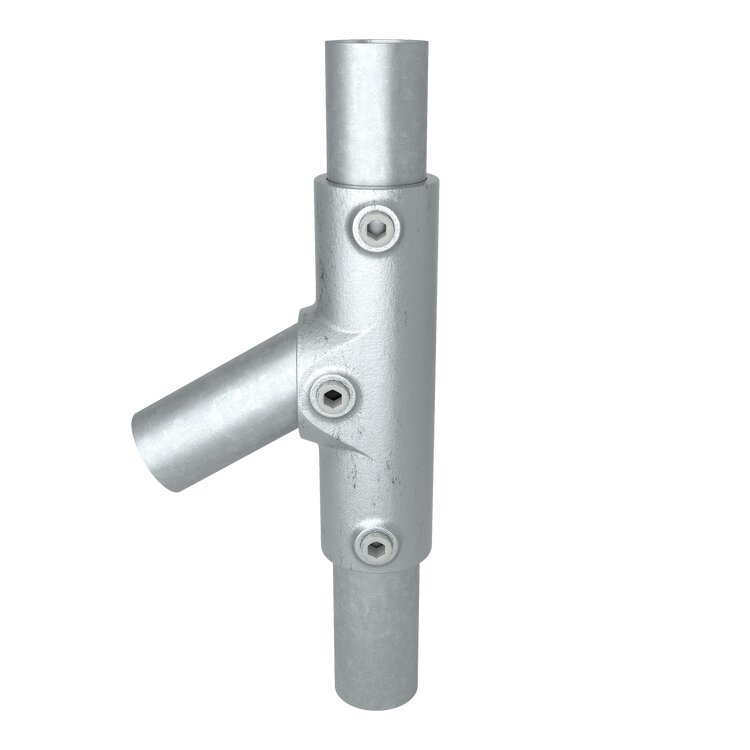Rohrverbinder T-Verbinder, verstellbar 11°-30° - Typ 27U aus verzinktem Stahl. Der silberne Verbinder zeigt eine vertikale Stange mit einem diagonal abzweigenden Rohr und drei sichtbaren Inbusschrauben.