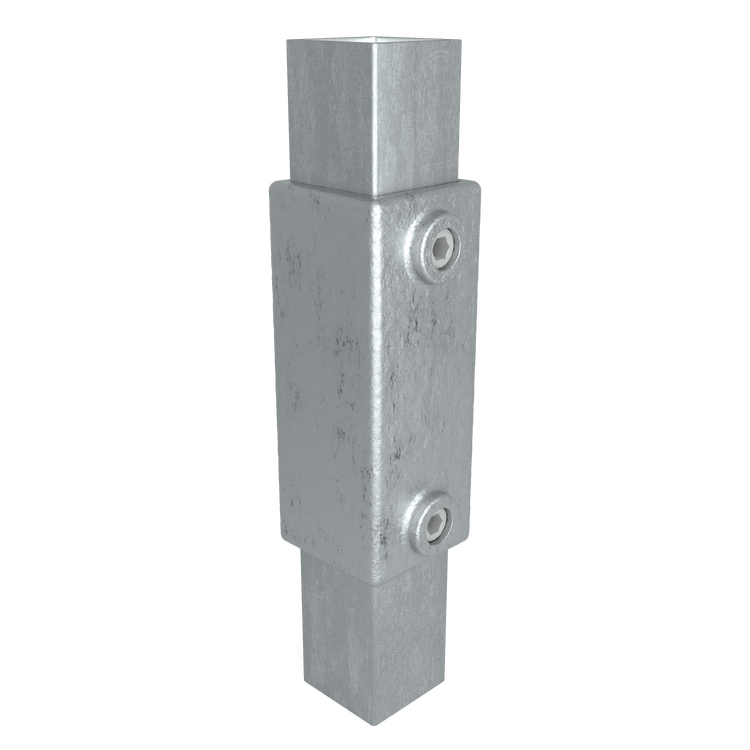 Rohrverbinder Verlängerungsstück außen, quadratisch, Typ 8S, aus silbernem Metall mit zwei Innensechskantschrauben.