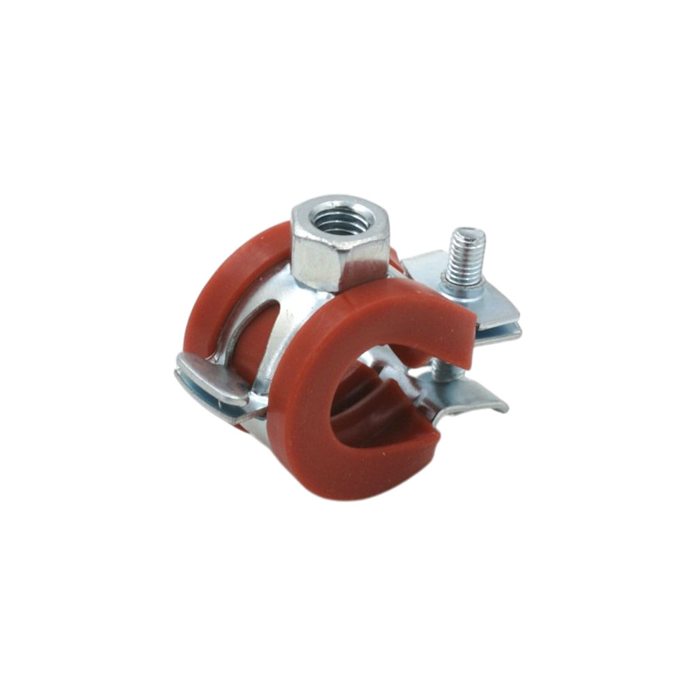 Detailansicht der Silikon Rohrschelle, verzinkt, mit Anschlussmutter M8/M10. Eine robuste Klemme mit roter Silikoneinlage und glänzend verzinktem Metall, inklusive Gewindeanschluss.