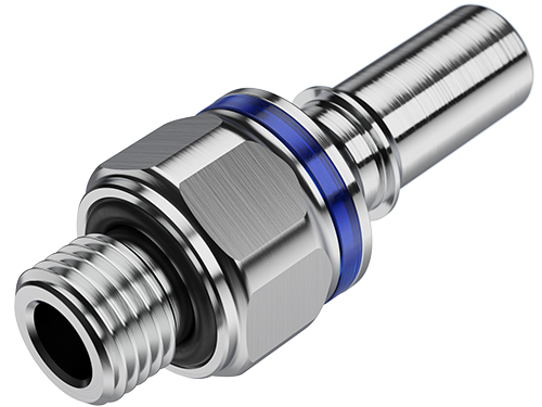 LQ4D47004BLU: Metallische Schlauchtülle mit 1/4" G Außengewinde, blauem Absperrventil und EPDM-Dichtung.