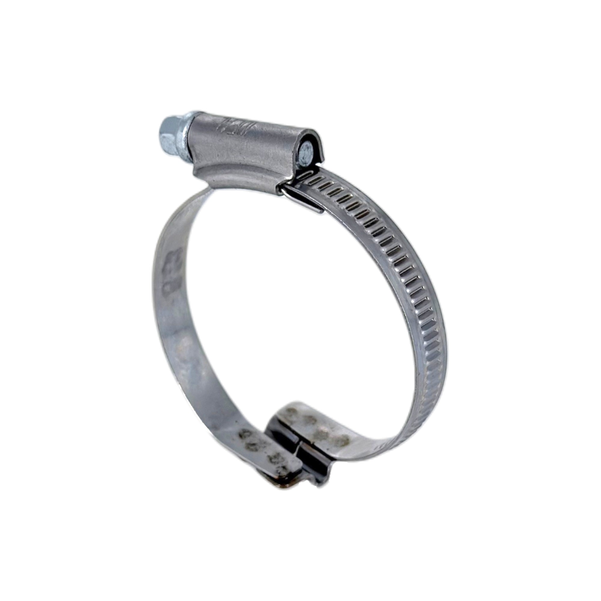 Spiral-Schlauchschelle / Brückenschelle Clamp 212 aus Edelstahl W2, rechtssteigend, mit 9mm Bandbreite, auf weißem Hintergrund.