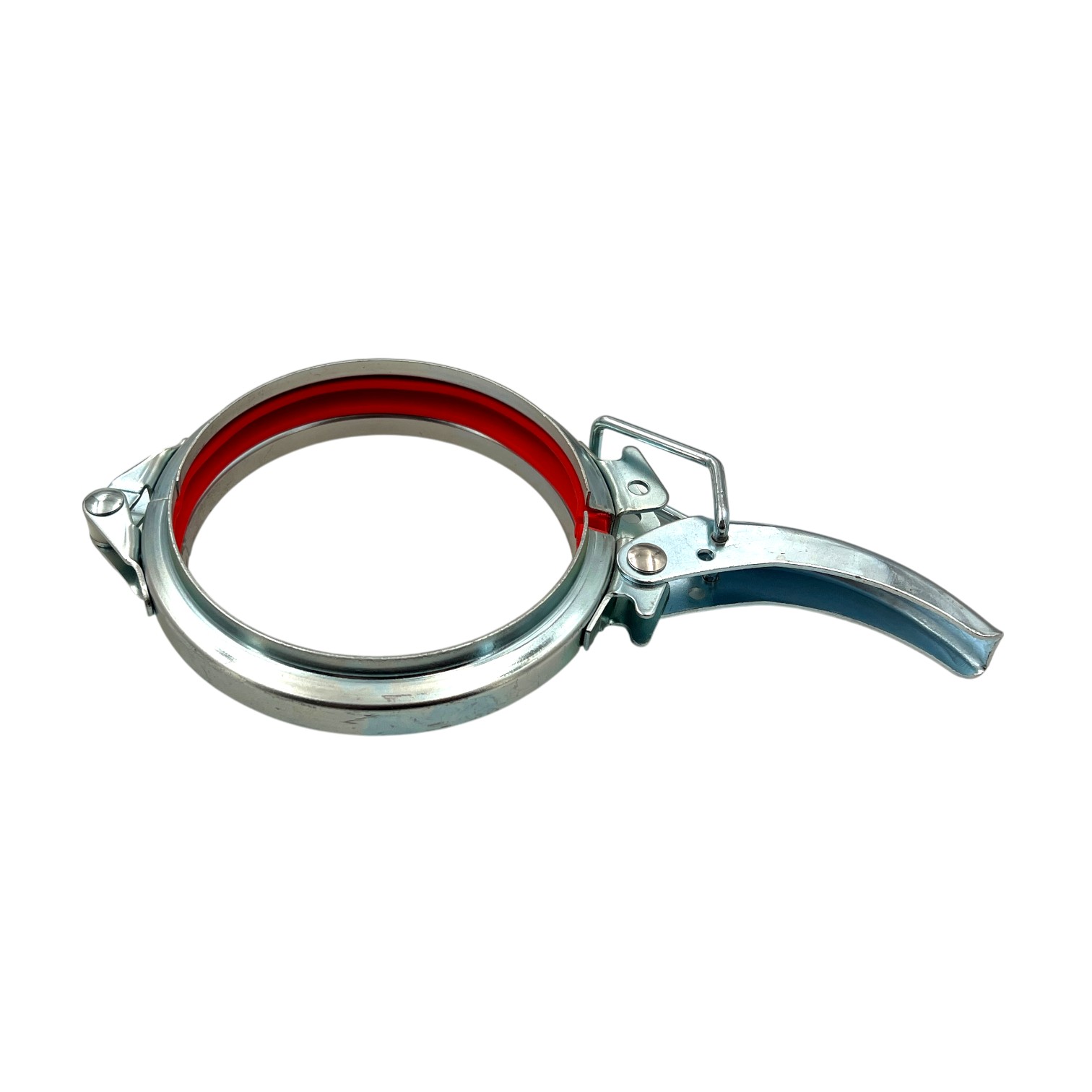 Ein Schnellverschluss Spannring Typ B, verzinkt, mit einer auffälligen roten PVC-Dichtung innen, vor weißem Hintergrund freigestellt.