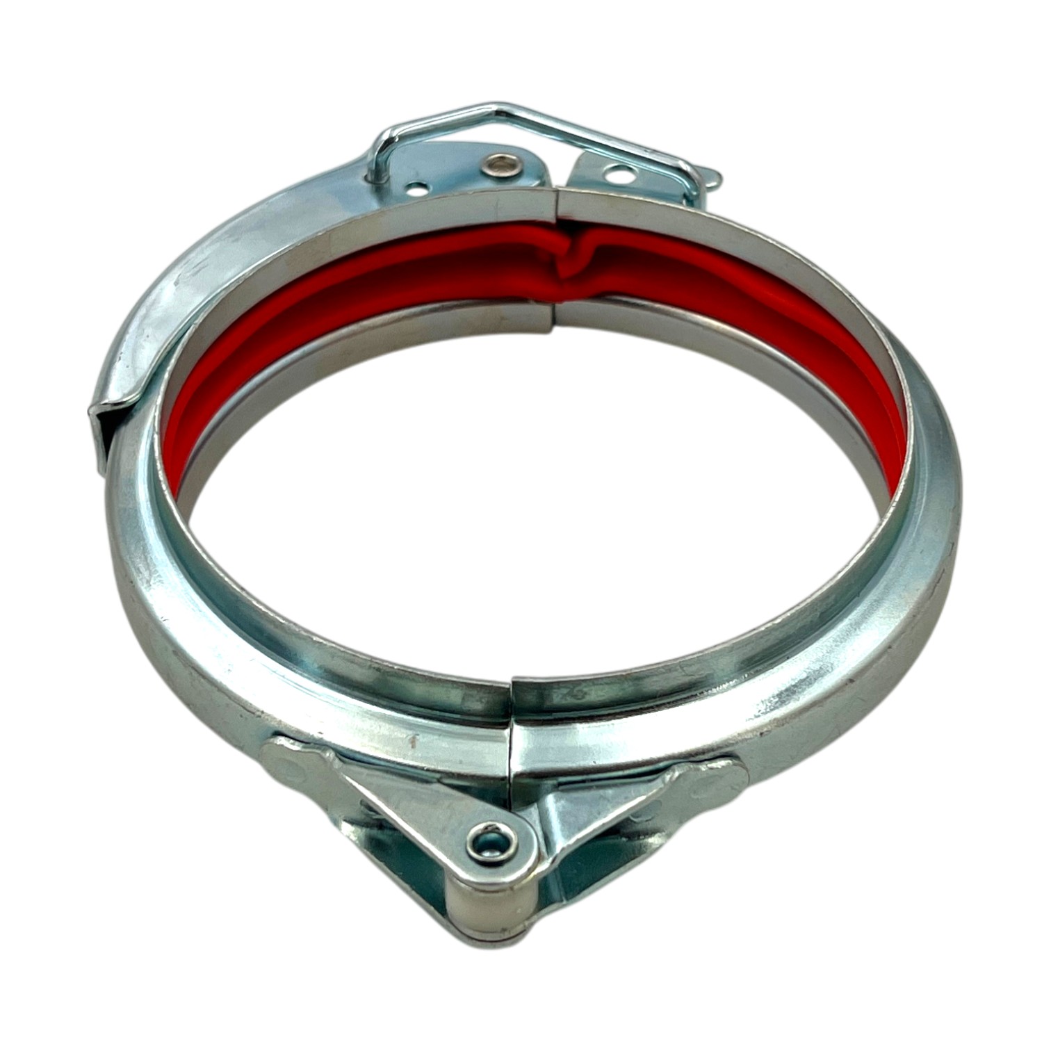 Ein verzinkter Schnellverschluss Spannring Typ B mit einer innenliegenden roten PVC-Dichtung, deutlich sichtbar auf weißem Hintergrund.