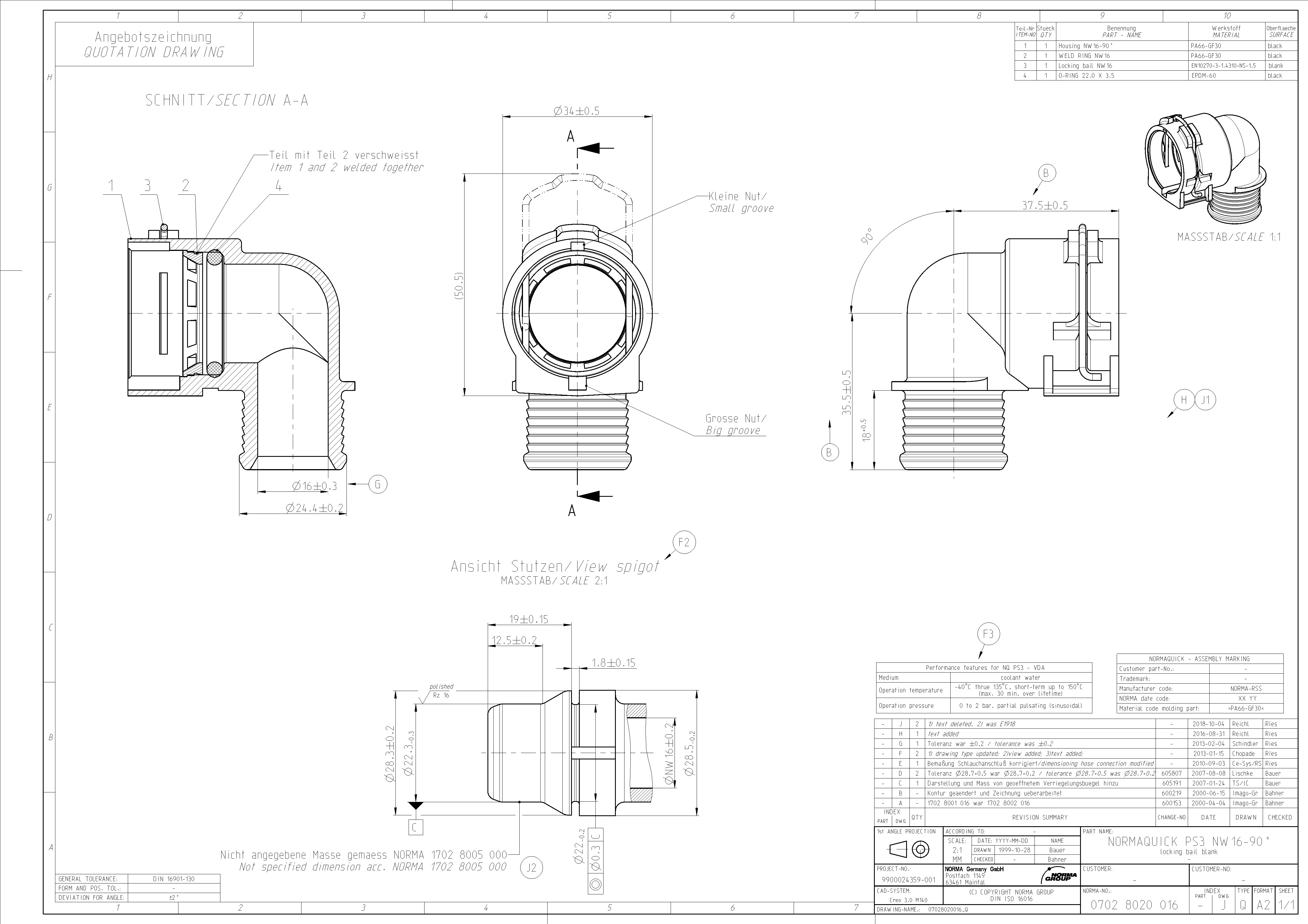 Angebotszeichnung des NORMAQUICK PS3 NW 16-90° Schnellverbindungswinkelstücks. Enthält alle relevanten Maße, Materialangaben wie PA66-GF30 und Leistungsdaten für den Einsatz in Kühlwassersystemen. Technische Zeichnung eines NORMAQUICK PS3 NW 16-90° Schnellkupplungswinkelstücks. Die detaillierte Darstellung zeigt Schnitt-, Seiten- und eine isometrische Ansicht des 90-Grad-Verbinders mit Gewinde, Verriegelungsbügel und O-Ring, inklusive Maße und Mate