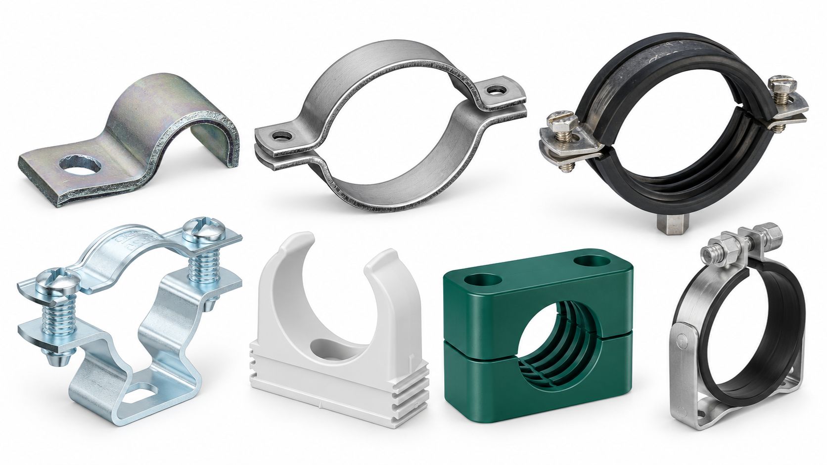 Eine vielfältige Auswahl an Rohrhaltern und Rohrhalterungen von 'Rohrhalter & Rohrhalterungen', darunter verzinkte Metallschellen, gummierte Rohrschellen und Kunststoff-Rohrclips, zur sicheren Befestigung von Rohren.