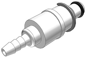 PLMD22006 CPC Stecker 9,5 mm Schlauchanschluss mit Absperrventil und Sicherungsring. Der weiße Schnellkupplungsstecker zeigt einen gestuften Schlauchstutzen an einem Ende und einen Sicherungsring am Gehäuse.