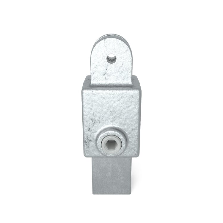 Verzinkter Rohrverbinder Gelenkhalter Typ 42S mit rechteckigem Gehäuse, seitlicher Klemmschraube und obenliegender Gelenköse mit Lochung.