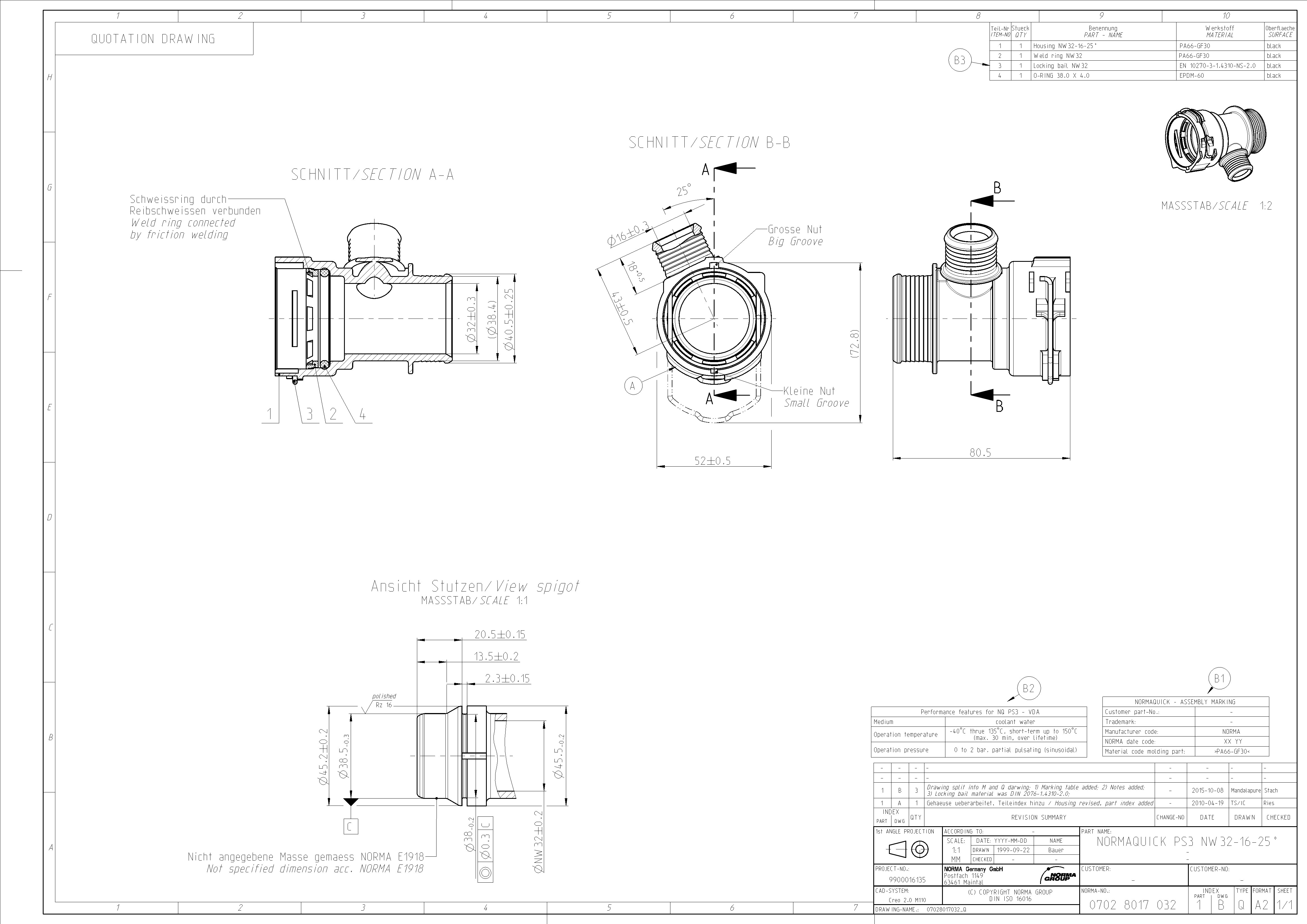 NORMAQUICK PS3 NW 32-16-25° Technisches Zeichnung mit Spezifikationen Technische Zeichnung des NORMAQUICK PS3 NW 32-16-25° Verbindungsstücks, die isometrische Ansichten, detaillierte Querschnitte A-A und B-B, eine Stutzenansicht, spezifische Abmessungen, Materialien (u.a. PA66-GF30, EPDM-60) und Leistungsmerkmale (Betriebst