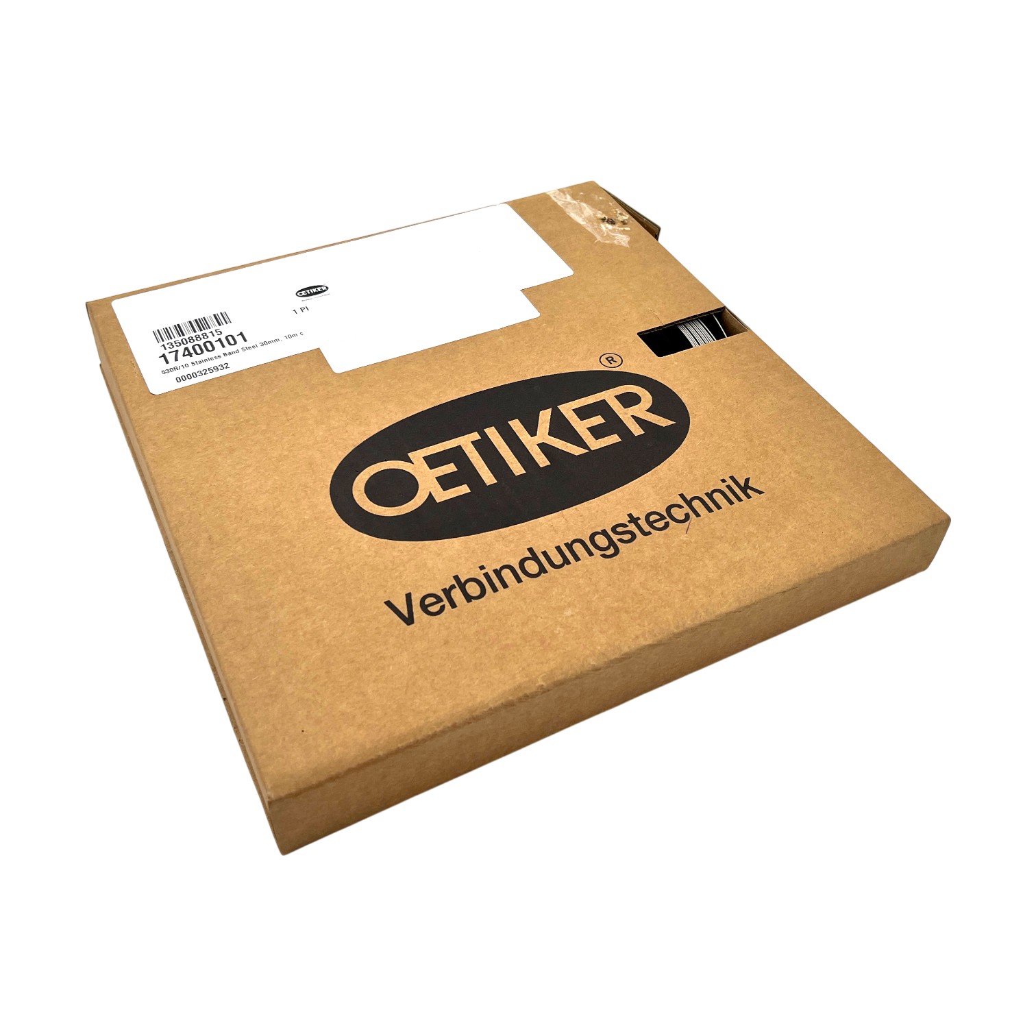 Oetiker Klemmband 530R/10, 10-Meter-Rolle aus Edelstahl V2A (1.4301), Bandbreite 30 mm, in originaler Kartonverpackung mit Produktetikett.