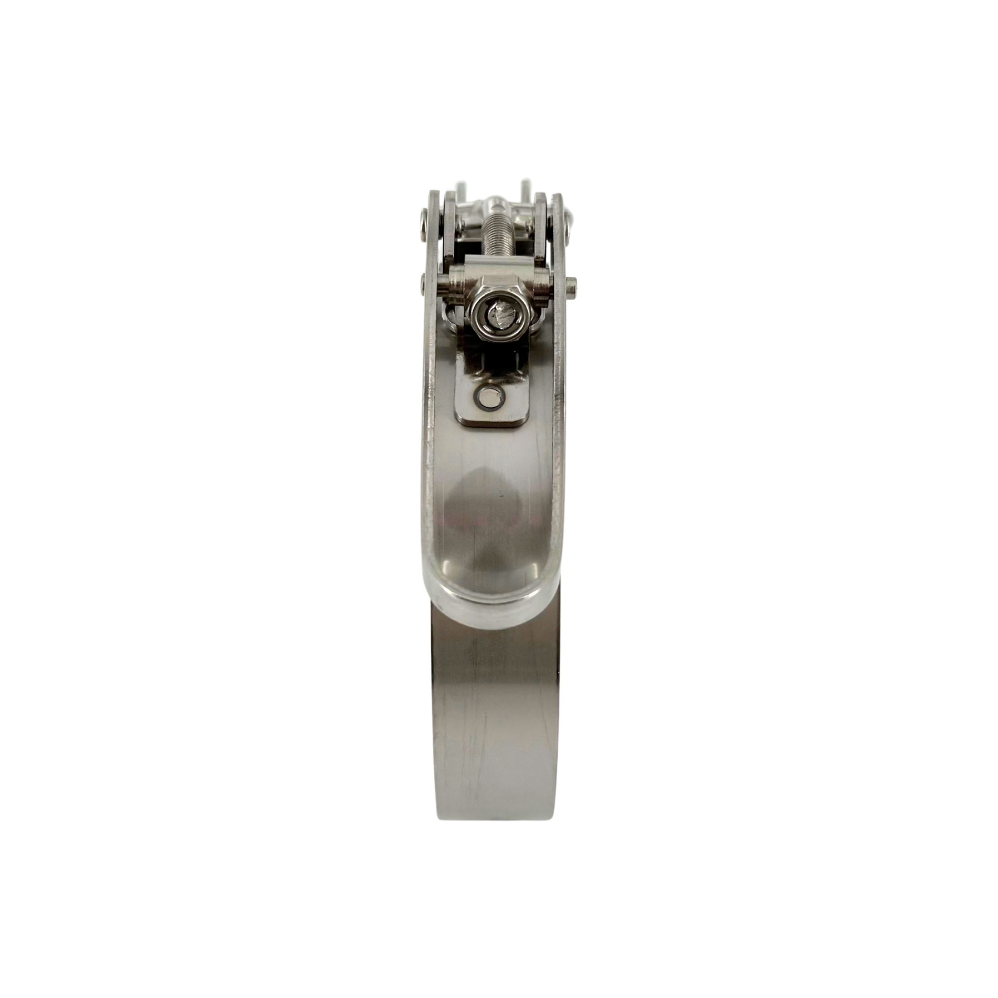 Schnellverschluss Schelle SVS mit Ösenschraube, gefertigt aus glänzendem Metall. Das Bild zeigt eine Frontalansicht des robusten Verschlussmechanismus mit Spannhebel und integrierter Ösenschraube.
