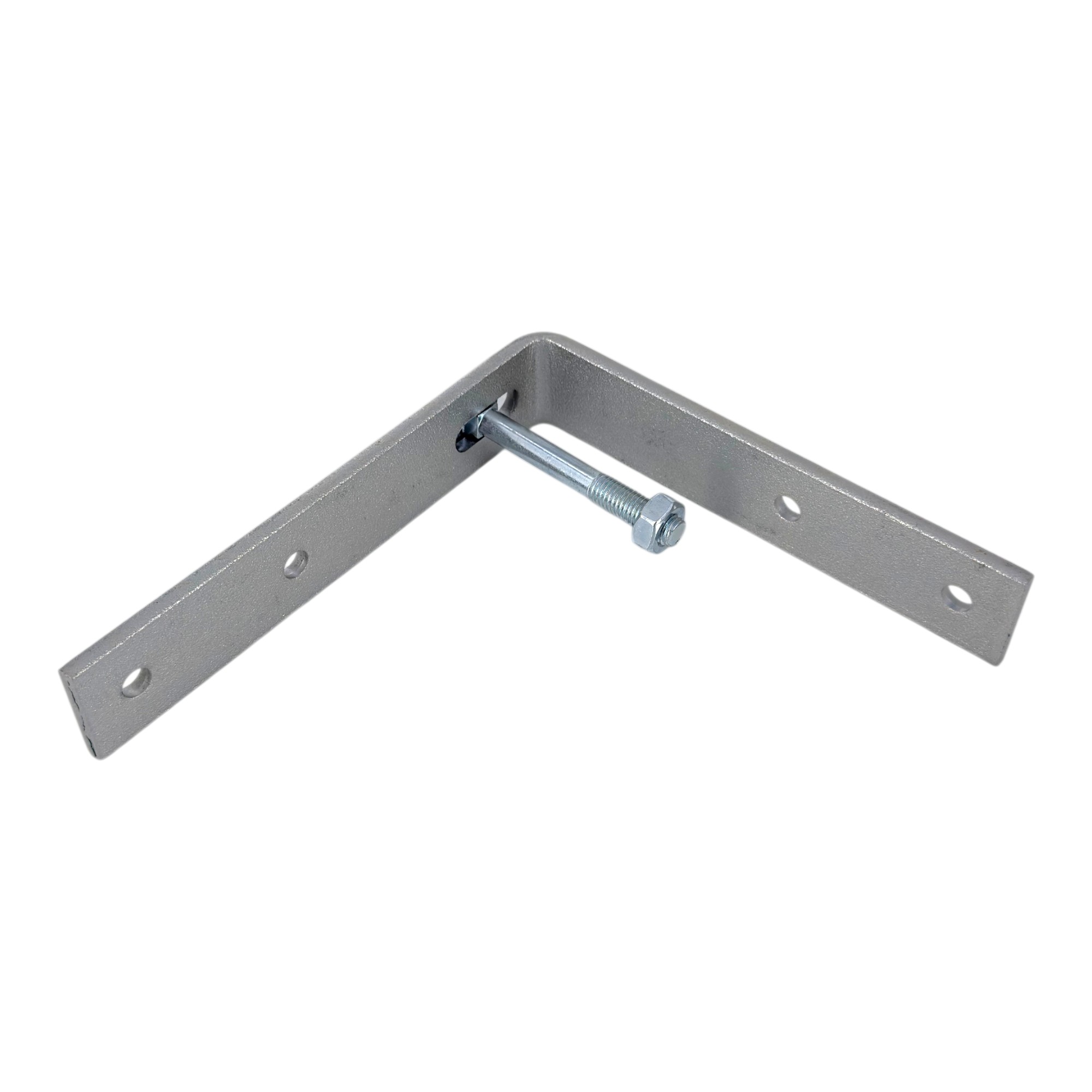 Zaunhalter / Eckverbinder aus verzinktem Flachstahl in L-Form, inklusive Schlossschraube und Mutter.
