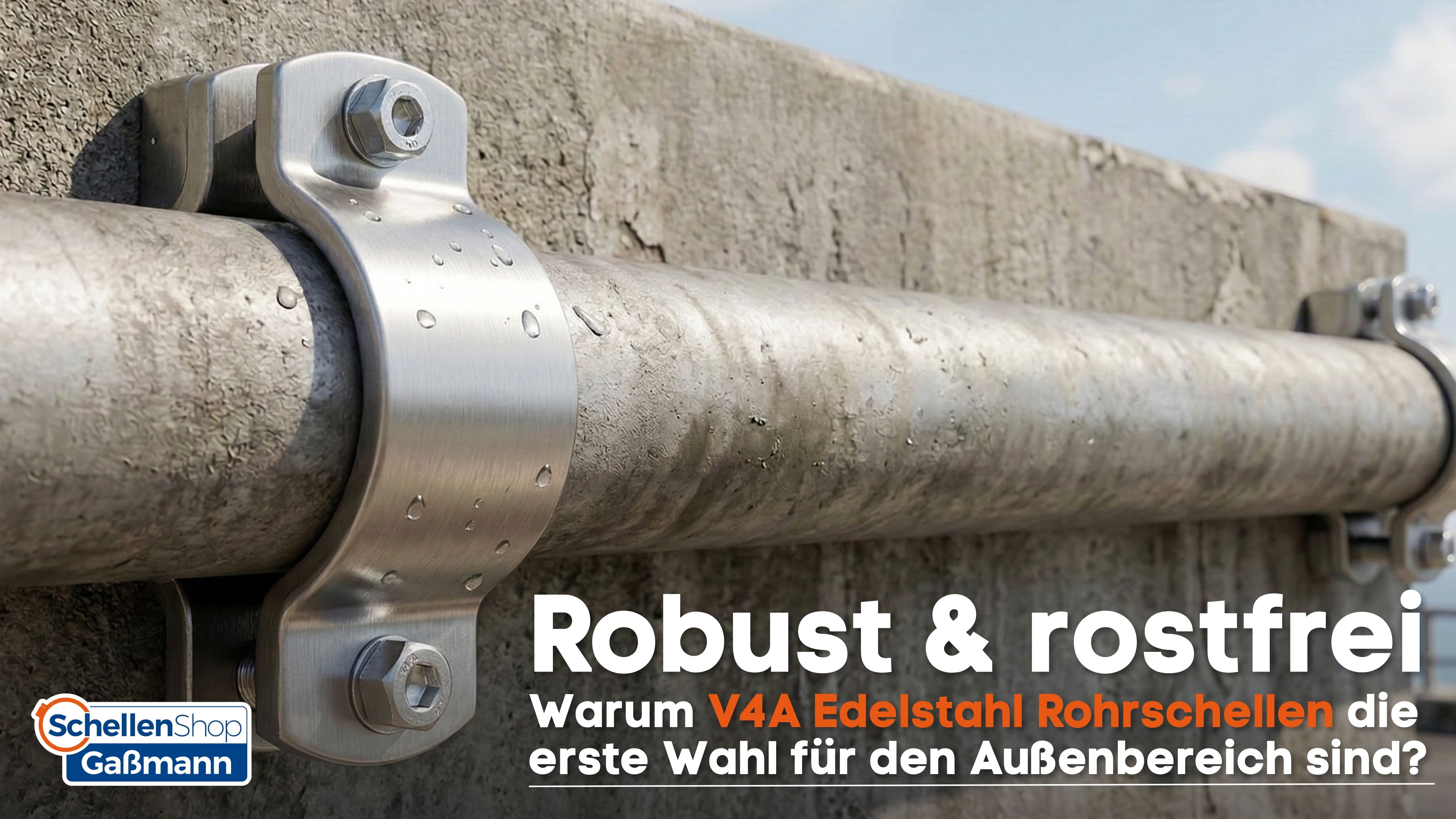 Nahaufnahme einer glänzenden V4A Edelstahl-Rohrschelle, die ein graues Metallrohr an einer strukturierten Betonwand befestigt. Auf der Rohrschelle und dem Rohr sind Wassertropfen sichtbar, was die Wetterbeständigkeit und Rostfreiheit des Produkts unterstr
