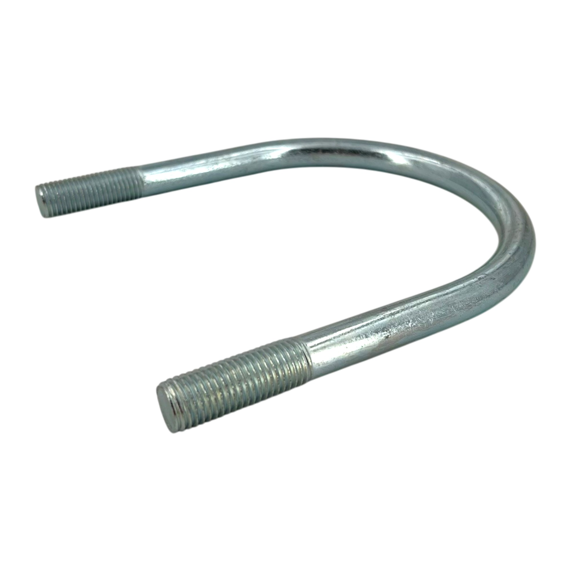 Verzinkter Rundstahlbügel ähnl. DIN 3570 (134 x 165 mm), M16, U-förmig mit Gewinden an beiden Enden, auf weißem Hintergrund.