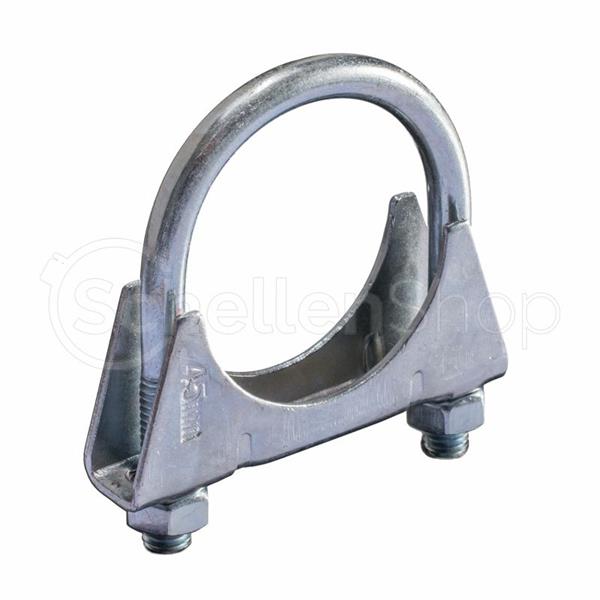 Auspuffschelle M8 mit Bügel / Bügelschelle für Auspuffrohre 45mm – Sichere und langlebige Abgasanlagenbefestigung. Nahaufnahme einer silbernen Auspuffschelle M8 mit Bügel (Bügelschelle) für Auspuffrohre, Durchmesser 45mm. Die robuste Metallklemme besteht aus einem U-förmigen Bolzen, zwei seitlichen Klemmplatten und zwei Muttern zur sicheren Montage einer Abgasanlage.