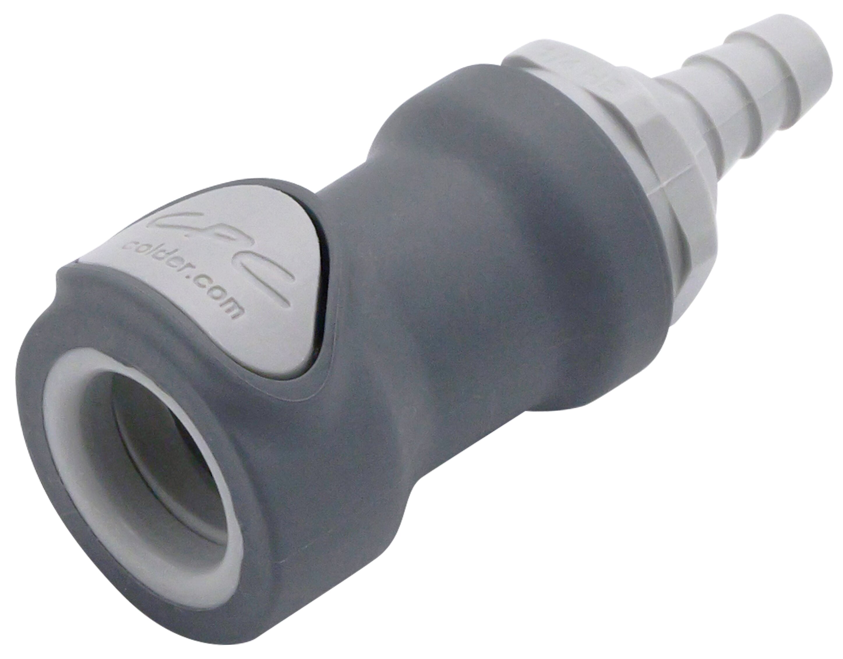 NS4D17004 NS4 CPC Kupplung in Grau für 6,4 mm Schlauchanschluss, mit Absperrventil und EPDM-Dichtung, von schräg oben gezeigt.