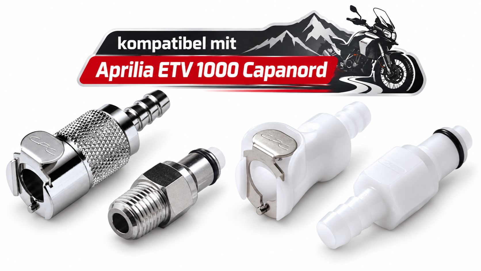 Vier Aprilia ETV 1000 Caponord Benzinkupplungen: ein Set aus zwei glänzenden Metall-Schnellverschlusskupplungen (männlich und weiblich) und ein Set aus zwei weißen Kunststoff-Schnellverschlusskupplungen (männlich und weiblich), passend für das Motorradmod