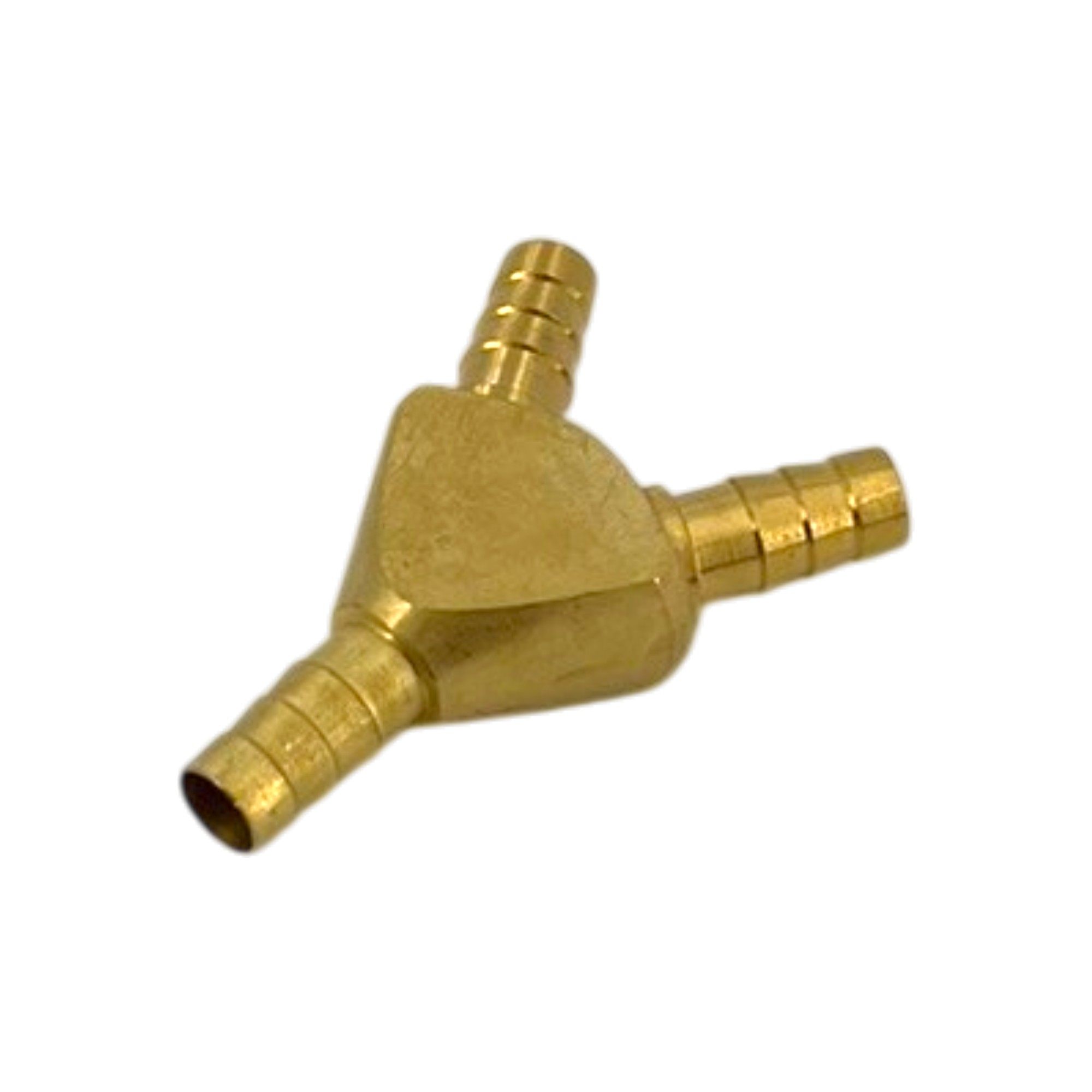 Y-Schlauchverbinder 6 mm, Messing massiv, zeigt das goldfarbene Y-förmige Anschlussstück mit drei gerillten Stutzen, auf weißem Hintergrund.