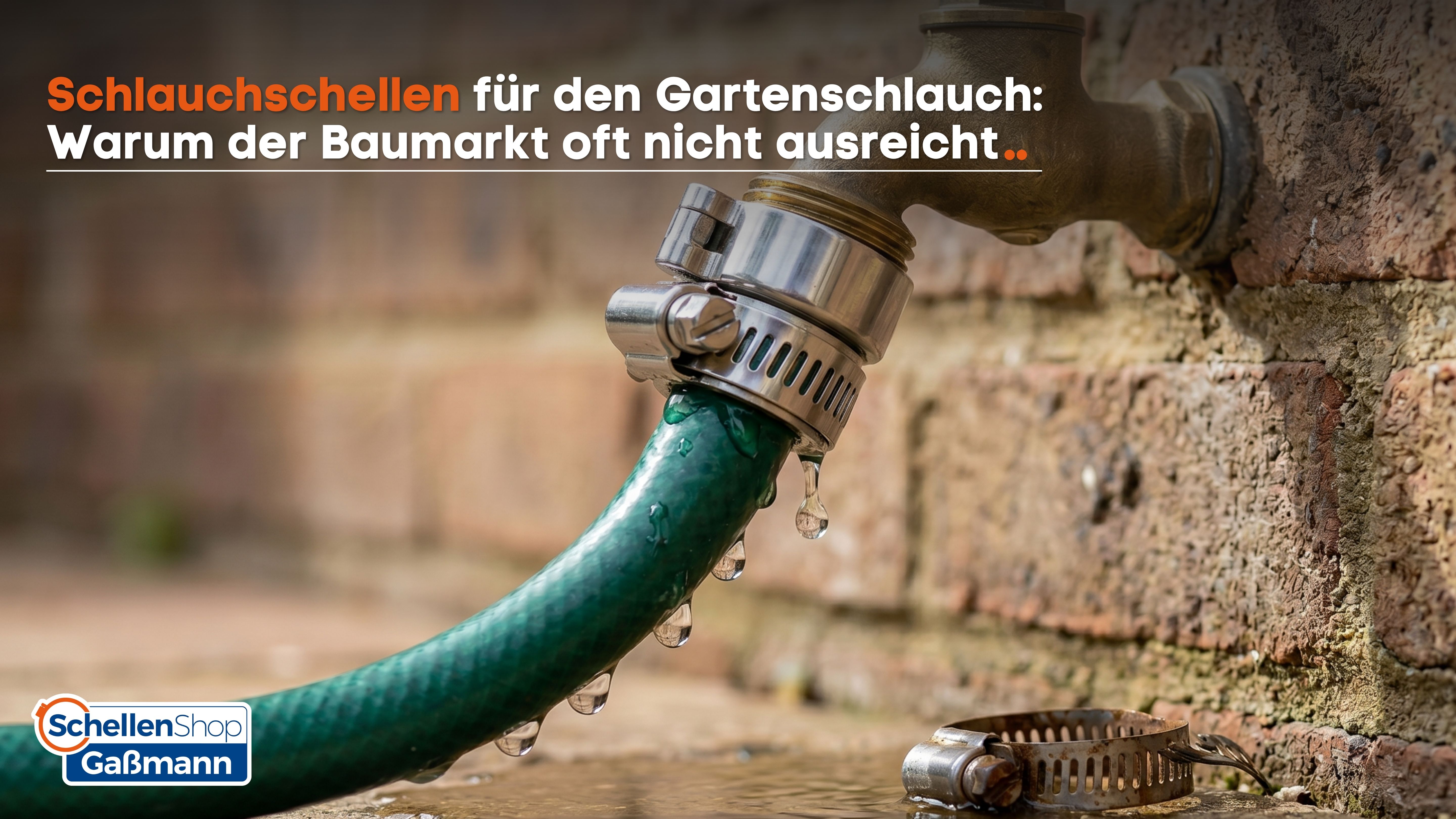 Ein grüner Gartenschlauch, an dem Wasser aus einer undichten Verbindung mit einer Schlauchschelle am Wasserhahn tropft. Auf dem Boden liegt eine alte, rostige Schlauchschelle.