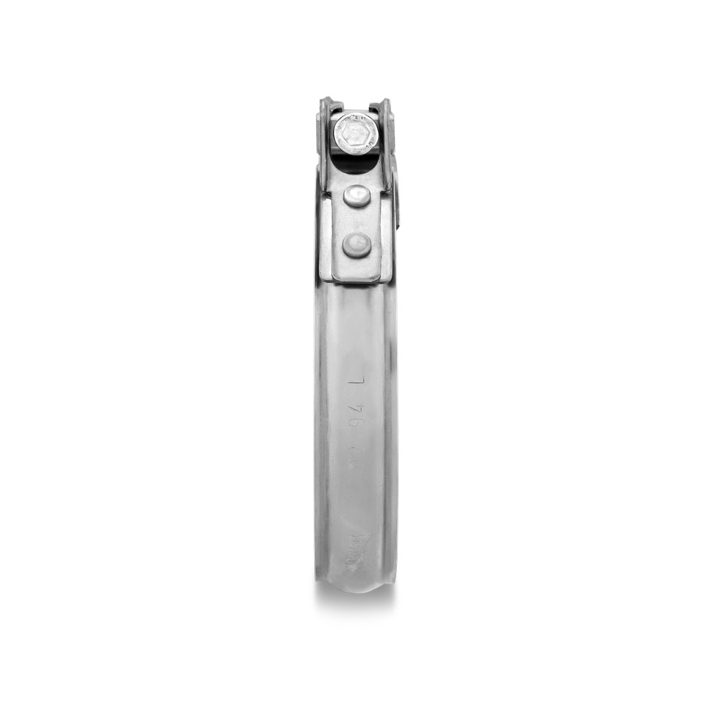 Silbernes Metallteil mit Schraube, Nieten und Prägung '1 76 L'. Längliches, silberfarbenes Metallteil mit einer Sechskantschraube und zwei runden Nieten an einem Ende, seitlich mit der Prägung '1 76 L'.