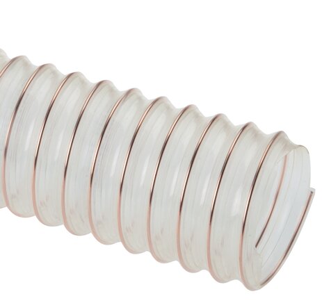 Ein transparenter, gerippter PUR-Spiralschlauch, leicht (DIN 26057-1), Standard, mit einer deutlich sichtbaren kupferfarbenen Verstärkungsspirale, abgebildet vor einem weißen Hintergrund.