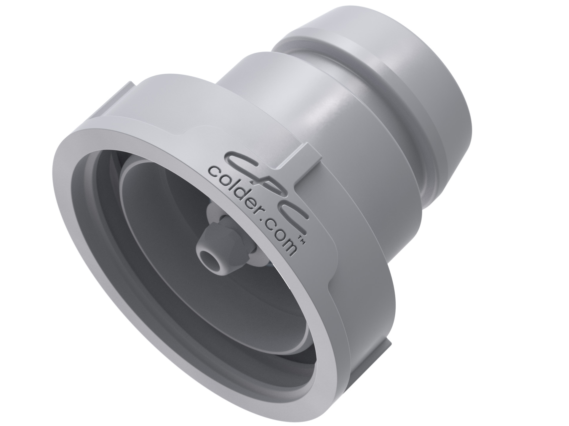96400 - 38 mm Dosierkappe (UDC) von Colder.com in Hellgrau mit integriertem Absperrventil und FDA-Buna O-Ring, Seitenansicht auf weißem Hintergrund.