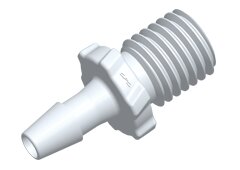 GS420 CPC Einschraubtülle aus weissem Acetal mit 5/16-UNF-Außengewinde und 3,2 mm Schlauchanschluss.