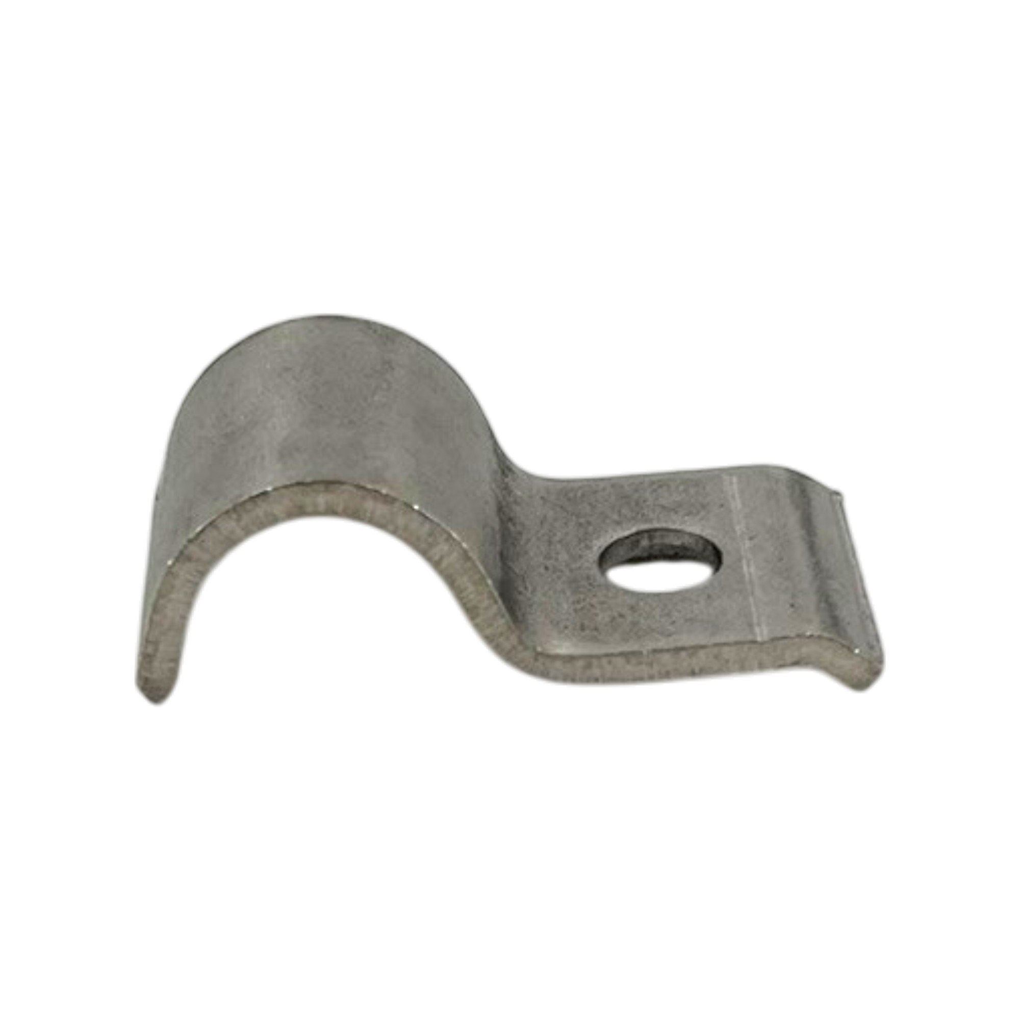 Einlaschige Rohrschelle aus Edelstahl A2, Modell UIC 803-30 für 18 mm Rohre. Die mattgraue Metallklammer ist von der Seite abgebildet, mit einer halbrunden Rohraufnahme und einer flachen Befestigungslasche inklusive Bohrung.