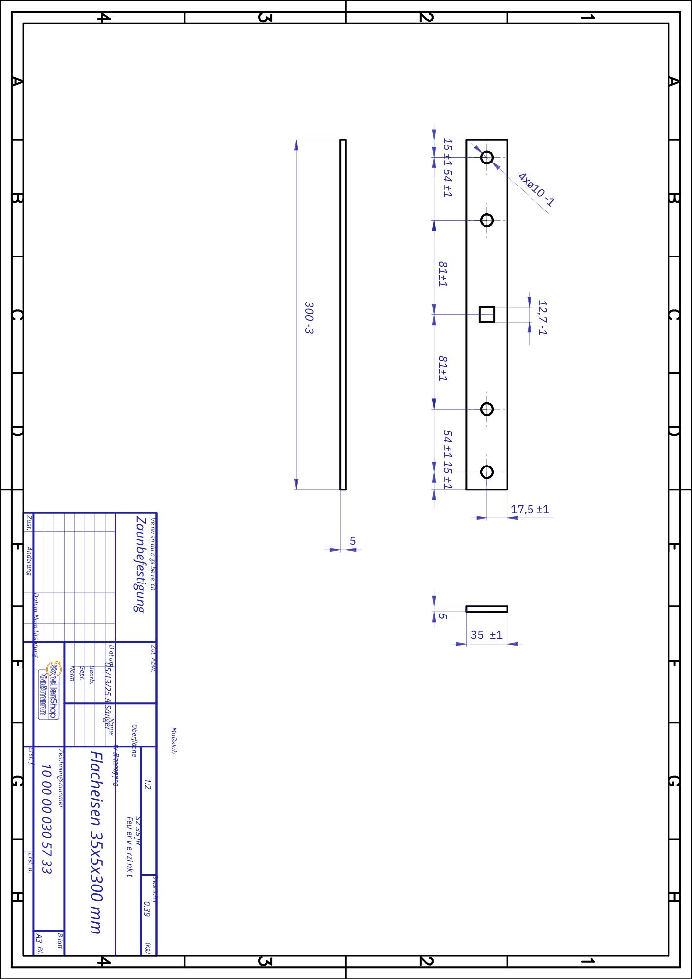 Technisches Zeichnung des Zauneisen / Zaunverbinder aus Flachstahl, Stahl verzinkt, mit den Maßen 35x5x300 mm. Es zeigt vier runde Bohrungen (Ø10mm) für Schlossschrauben M10 und eine quadratische Bohrung zur Zaunbefestigung.
