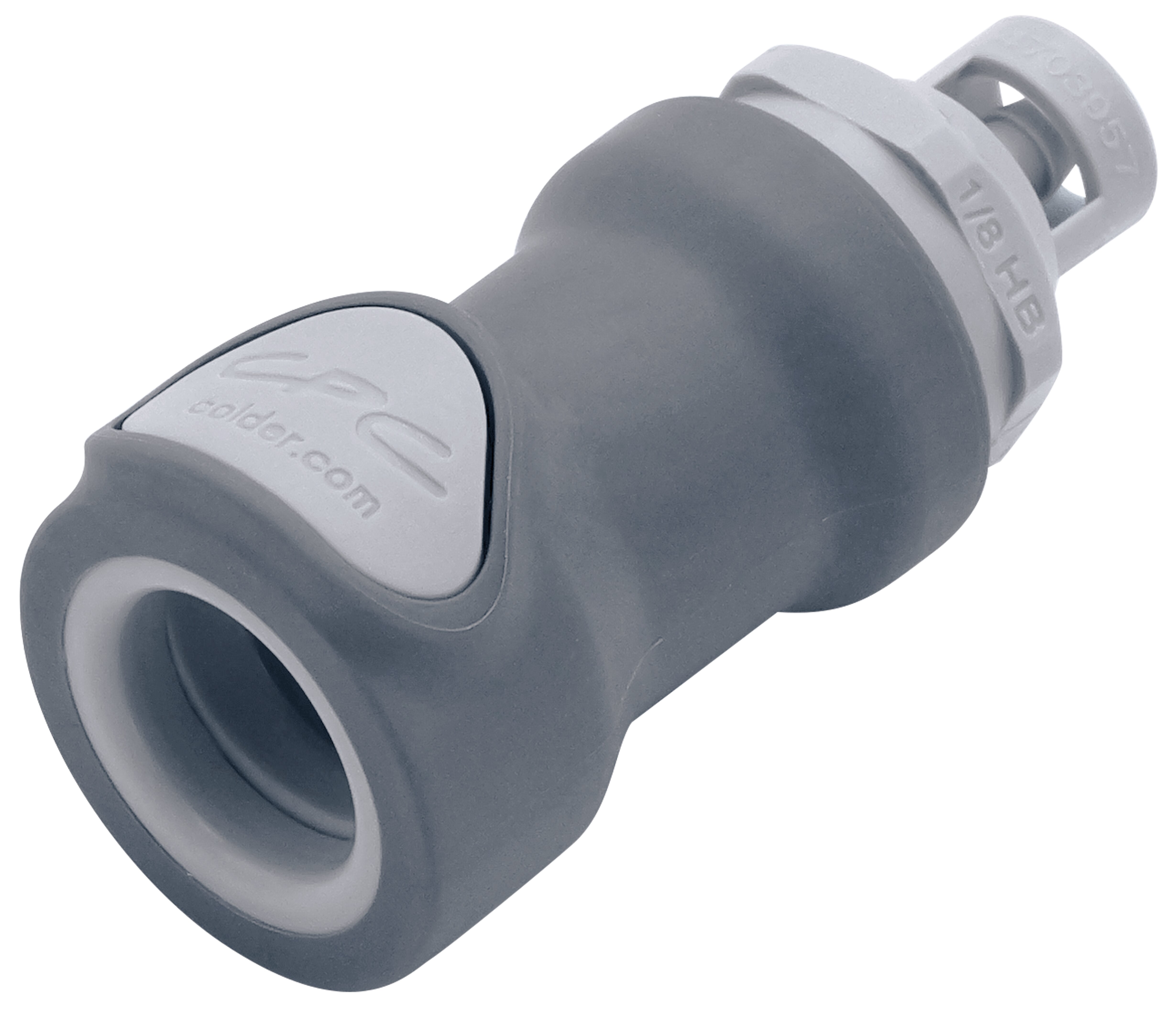 NS4D17002 - CPC Kupplung NS4-Serie, eine graue Schnellkupplung mit hellgrauen Akzenten, 3,2 mm Schlauchanschluss, integriertem Absperrventil und EPDM-Dichtung. Das Bild zeigt das Produkt in einer leichten Draufsicht auf weißem Hintergrund.