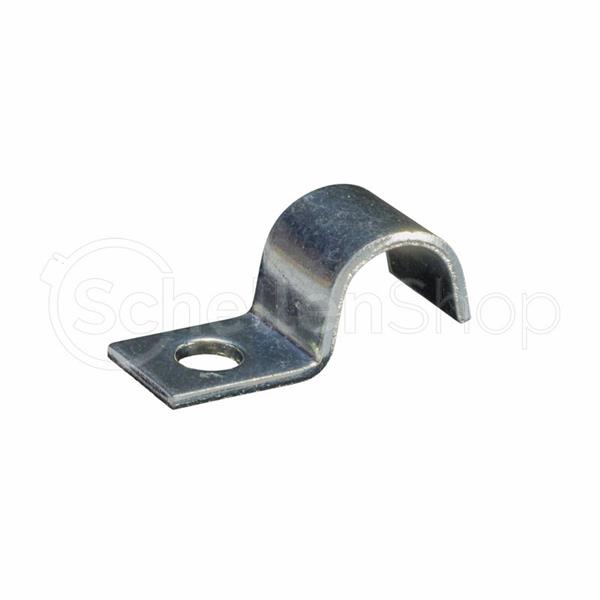 Befestigungsschelle DIN 72571 für eine Leitung / Kabel zur sicheren Montage von Kabeln. Befestigungsschelle DIN 72571 für eine Leitung / Kabel. Eine einzelne, silberfarbene Metallklemme mit U-Profil und einem Befestigungsloch.