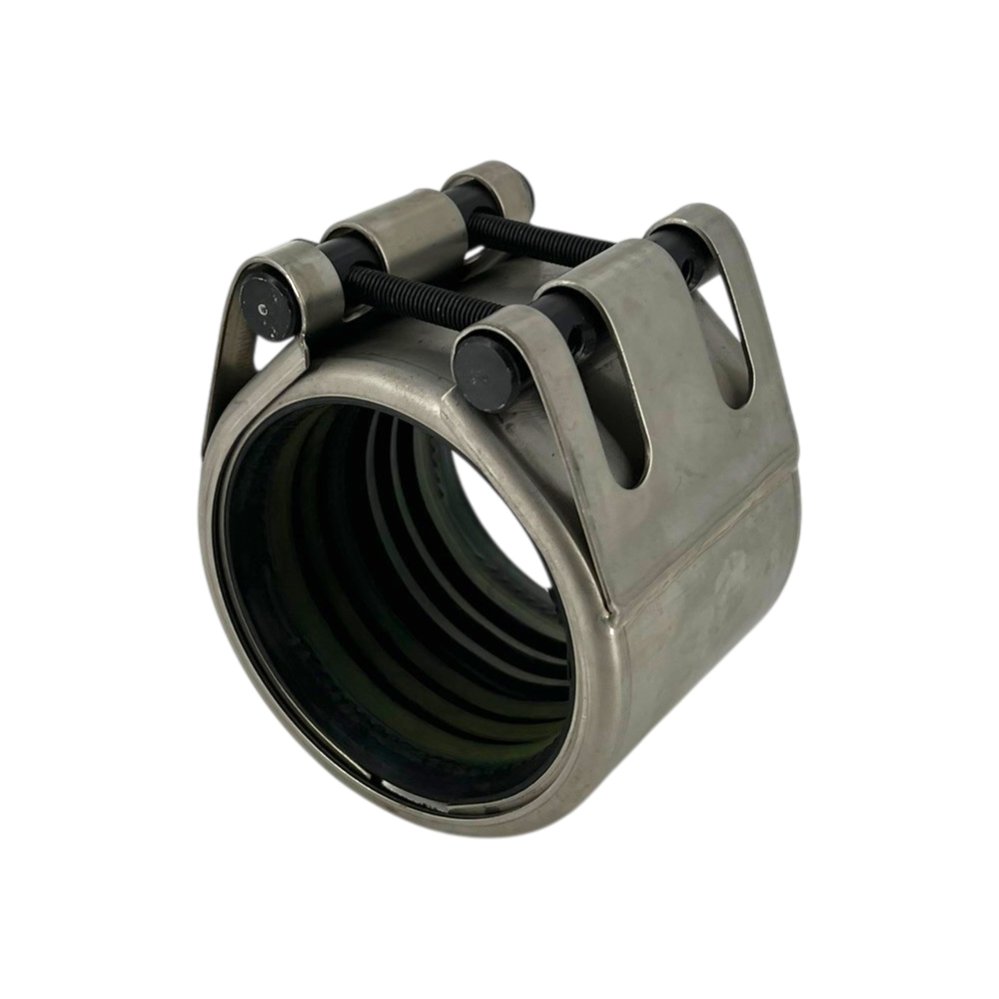 Teekay Rohrkupplung Flex E W2 88,9 mm mit EPDM-Dichtung und PN16 aus gebürstetem Edelstahl, seitlich dargestellt mit sichtbarer schwarzer Innendichtung und Spannschrauben.