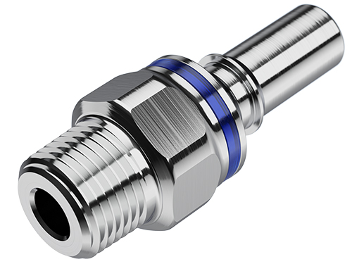 Glänzende LQ4D24006BLU Schlauchtülle aus Metall mit 3/8 Zoll NPT Außengewinde und Anschluss für Schläuche. Eine blaue EPDM-Dichtung ist sichtbar. Das Fitting verfügt über eine integrierte Absperrfunktion.