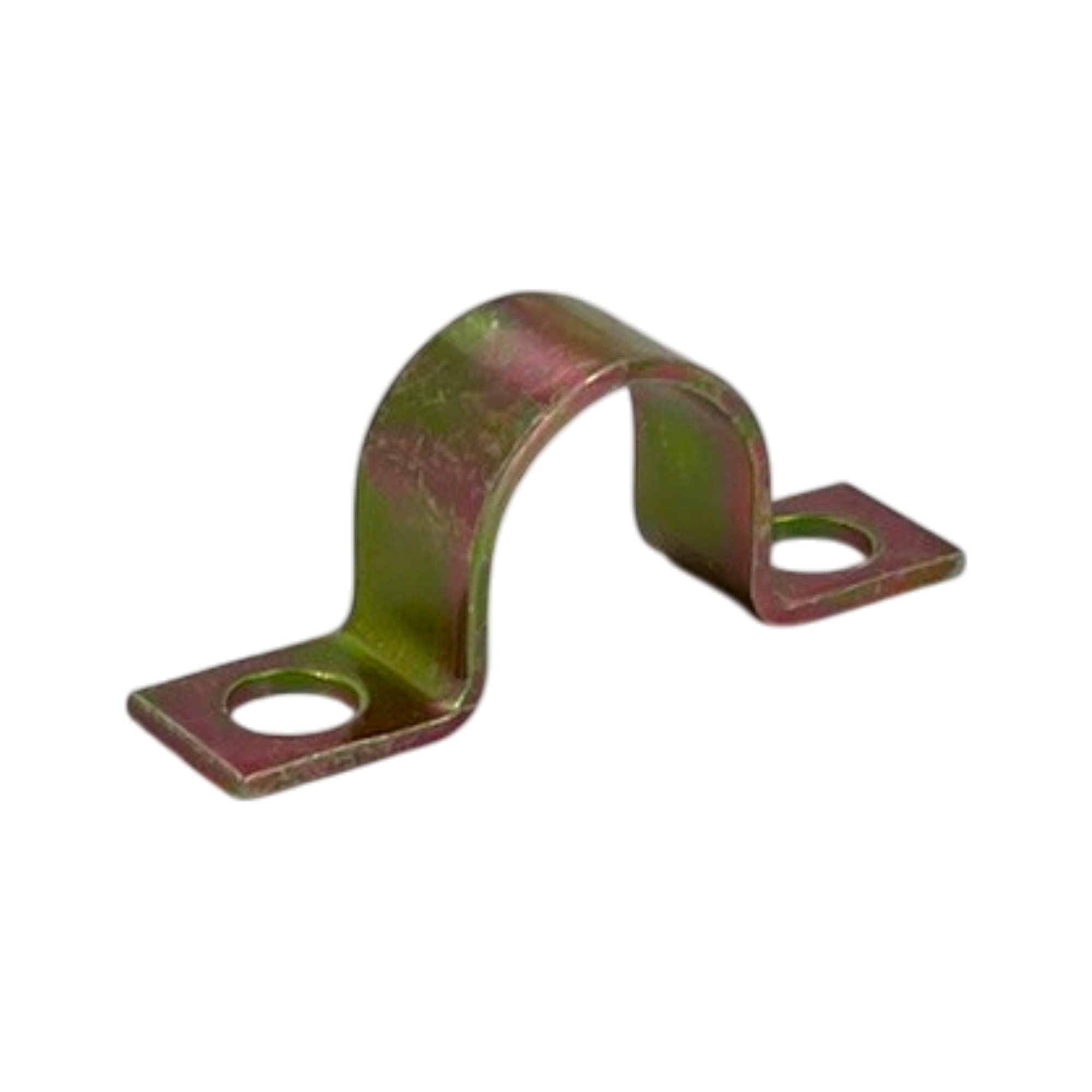 Befestigungsschelle BSL 1x18 DIN 72573, 7 mm Lochung, gelb verzinkt. Eine robuste, U-förmige Schelle aus gelb verzinktem Metall, mit zwei 7 mm großen Montagelöchern an den flachen Enden zur sicheren Befestigung von Rohren oder Kabeln.