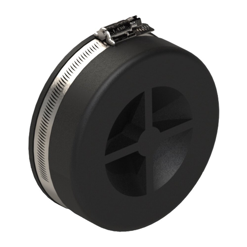 Schwarze Fernco Endkappe EC aus flexiblem Material, mit einer umlaufenden Edelstahl-Schlauchklemme, auf weißem Hintergrund dargestellt.