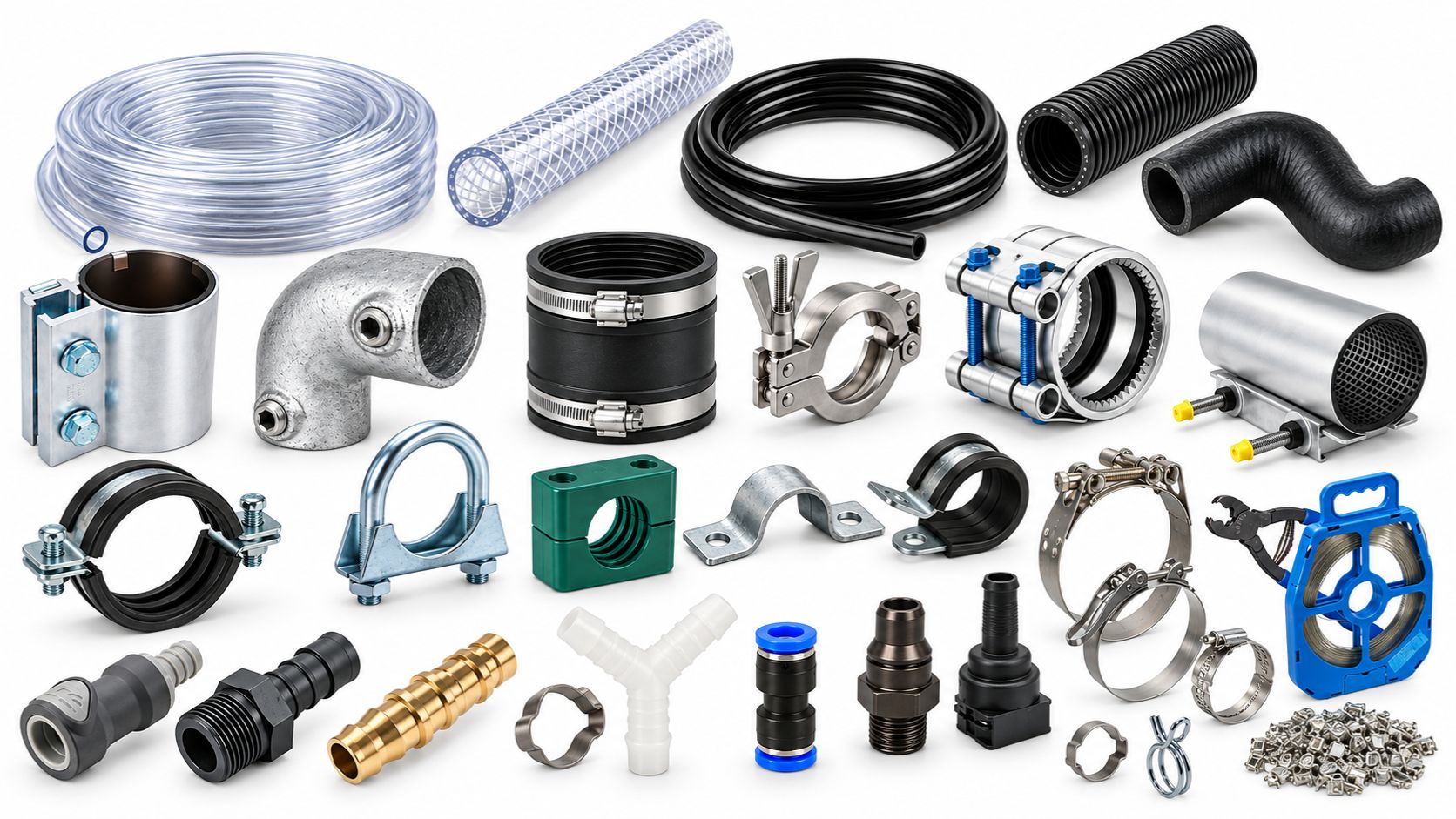 Große Auswahl an Rohrschellen, Schlauchschellen, Schläuchen, Fittings und Verbindungselementen von Hersteller für Rohrschellen, Schlauchschellen & Verbindungstechnik, für diverse Anwendungen.