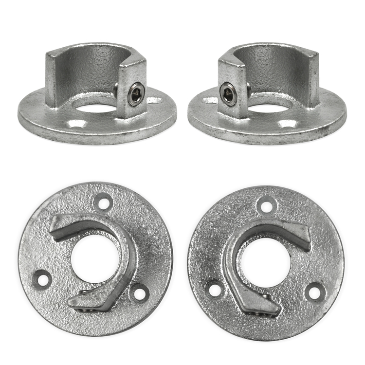 Zwei runde Rohrverbinder Halterungen Typ 15 aus verzinktem Metall mit Einlage, jeweils mit seitlicher Klemmschraube und vier Befestigungslöchern, in Auf- und Seitenansicht dargestellt.