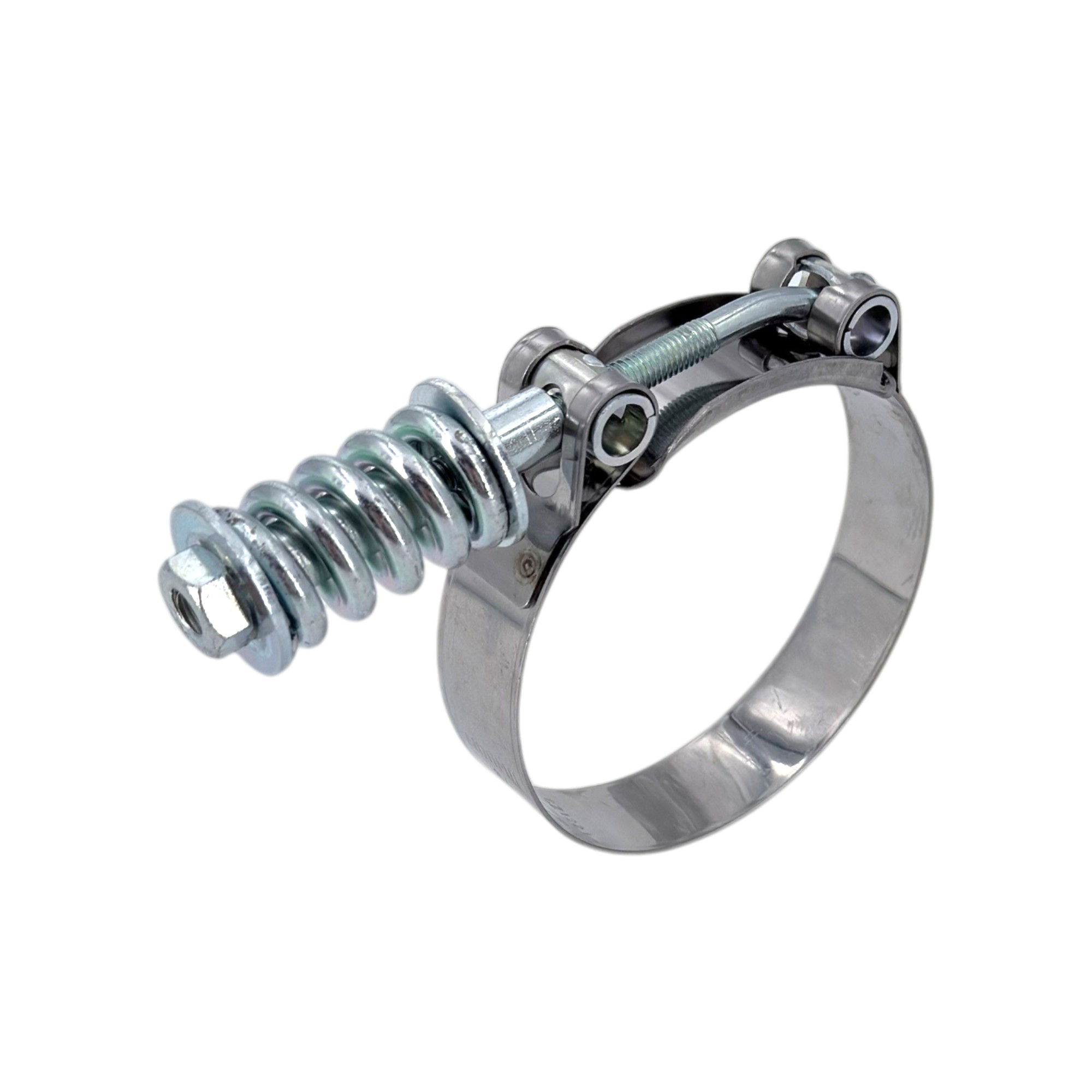 Eine glänzende Gelenkbolzenschelle GBS 8112 aus Metall mit einer Spiraldruckfeder und Schraubverschluss, 20 mm breit, Typ W2, auf weißem Hintergrund dargestellt.