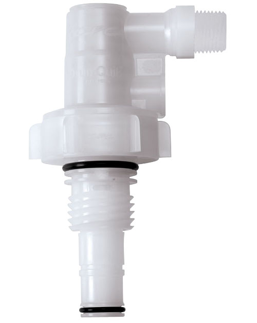 DQPRO120712 - DrumQuik Pro Winkelkupplung mit 3/4" BSPP Außengewinde, mit Absperrventil, EPDM-Dichtung DQPRO120712 - DrumQuik Pro Winkelkupplung aus weißem Kunststoff mit 3/4" BSPP Außengewinde, integriertem Absperrventil und EPDM-Dichtung. Die L-förmige Kupplung zeigt einen seitlichen Gewindeanschluss und einen unteren Gewindestutzen mit schwarzen Dichtun