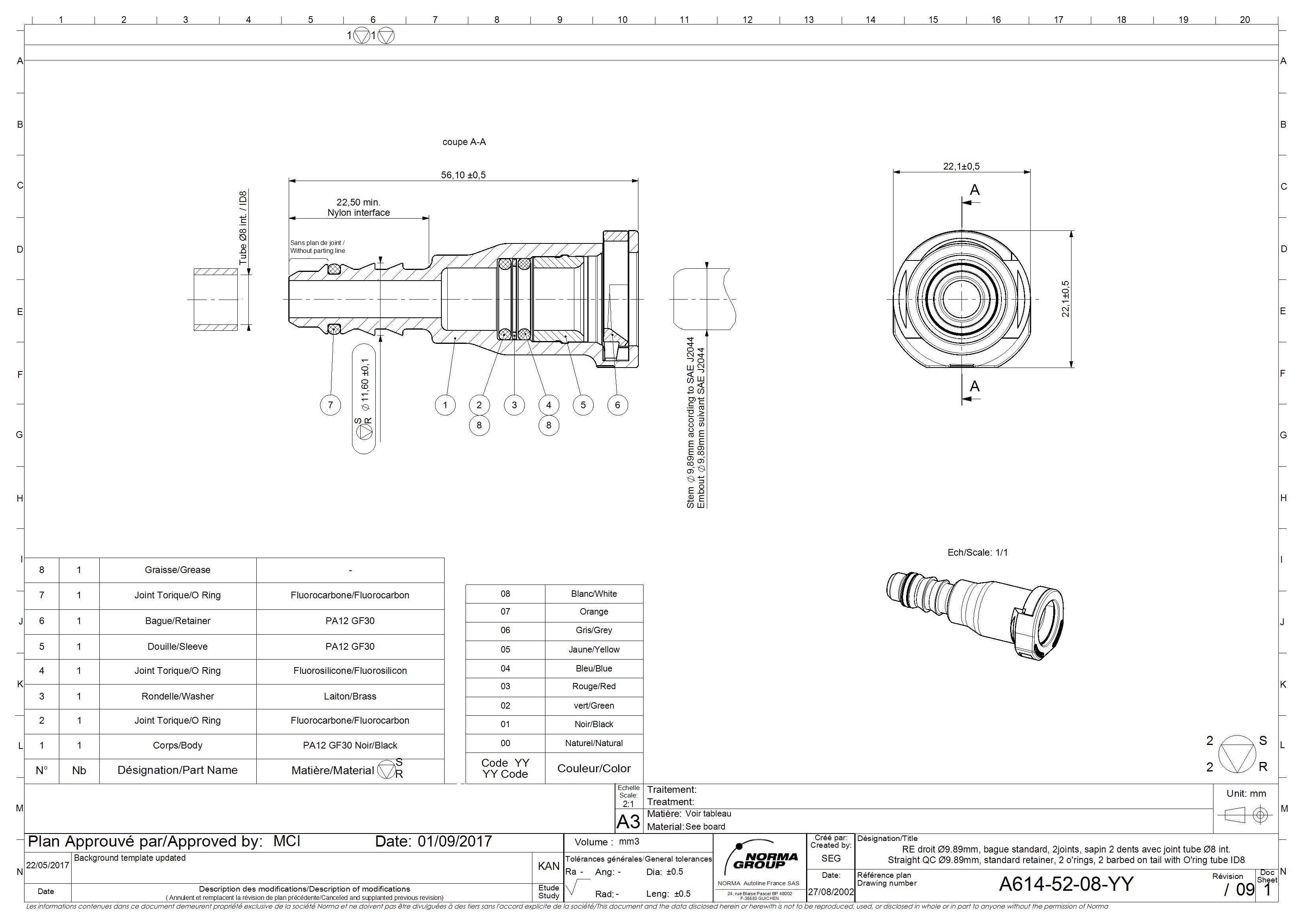 Detaillierte technische Zeichnung einer geraden Schnellkupplung (QC-Stecker) A614-52-08-YY mit 9,89 mm Durchmesser. Beinhaltet Schnittansicht, Komponentenliste, Materialien (PA12 GF30, Fluorkautschuk, Messing) Technische Zeichnung einer geraden Schnellkupplung Ø9.89mm. Die Schnittansicht zeigt den internen Aufbau mit O-Ringen, Unterlegscheibe und Halterung, Bemaßungen sowie Materialangaben wie PA12 GF30, Fluorkautschuk und Messing.