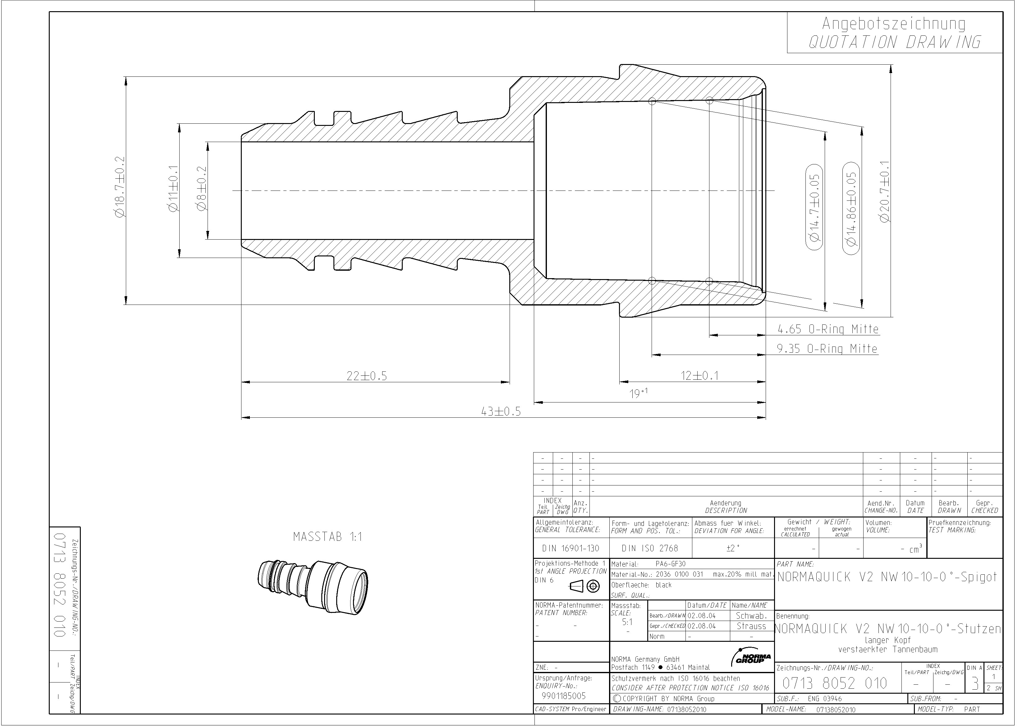 Detaillierte Angebotszeichnung des NORMAQUICK V2 NW 10-10-0° Spigot aus PA6-GF30, schwarz, mit Präzisionsmaßen für den Tannenbaumstutzen und O-Ring-Bereich. Technische Zeichnung eines NORMAQUICK V2 NW 10-10-0° Stutzens mit Langkopf und verstärktem Tannenbaumprofil, inklusive Maßangaben und Details zur O-Ring-Position.