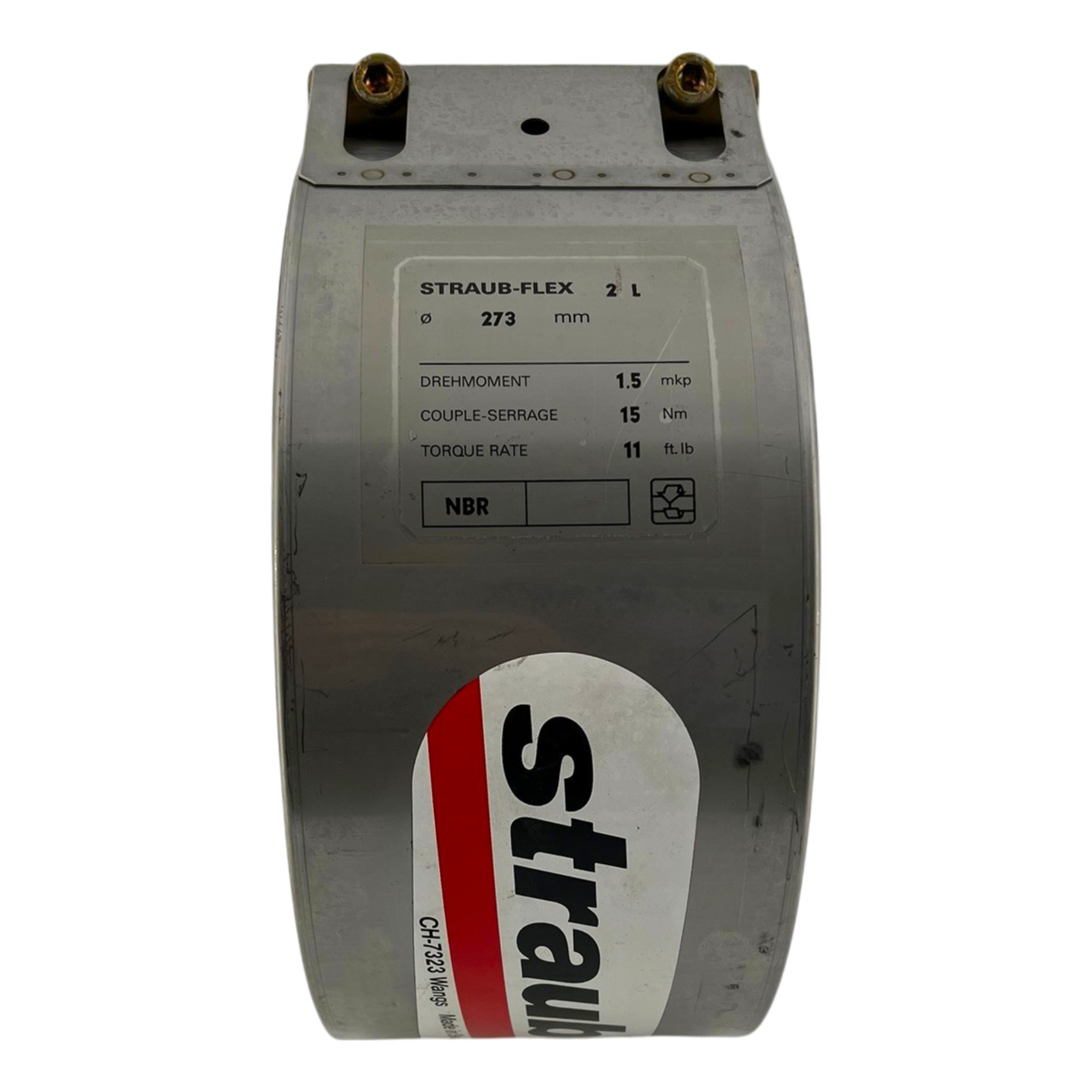 Nahaufnahme einer silbergrauen Straub Rohrkupplung Flex 2L W2 273,0 NBR. Die metallische Kupplung zeigt eine Beschriftung mit dem Modell 'STRAUB-FLEX 2 L', einem Durchmesser von 273 mm, Drehmomentangaben (1.5 mkp, 15 Nm, 11 ft.lb) und dem Dichtungsmateria