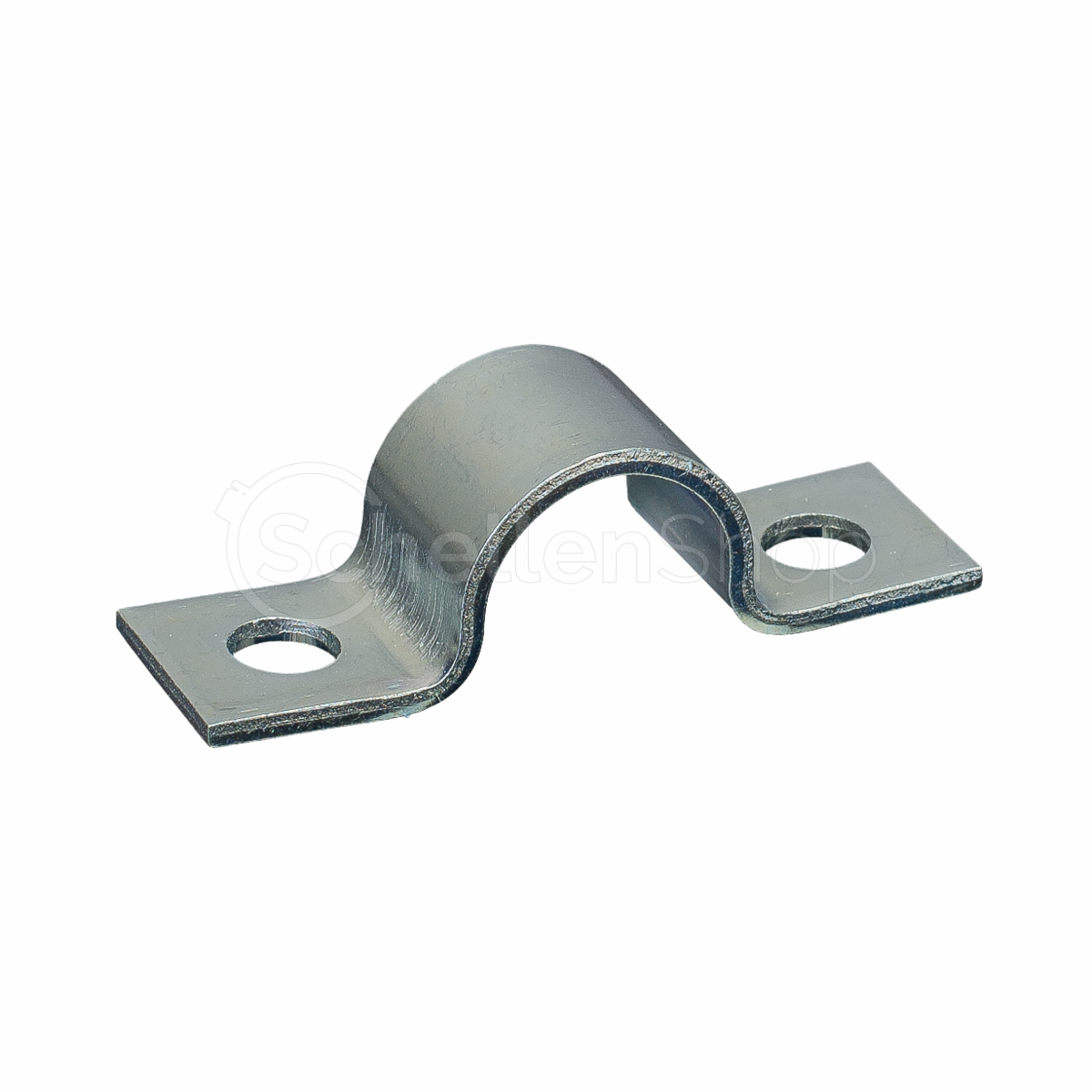 Einteilige Rohrschelle, zweilaschig: Robuste Metallklemme zur sicheren Rohrhalterung. Einteilige Rohrschelle, zweilaschig, aus silbernem Metall mit zwei Befestigungsbohrungen, auf weißem Hintergrund.