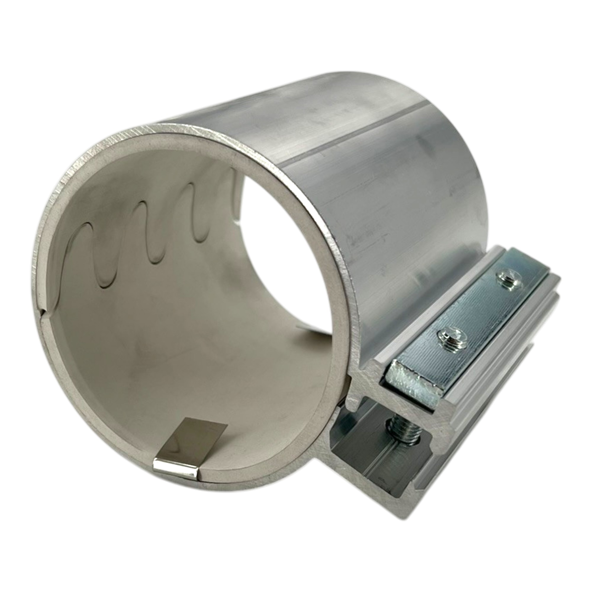 ALU-Rohrkupplung DVK 6, Ø 75,0 mm, Länge 100 mm, mit Erdungsband. Eine zylindrische, silberfarbene Aluminium-Rohrkupplung mit seitlichem Schraubverschluss und sichtbarem Erdungsband im Inneren.