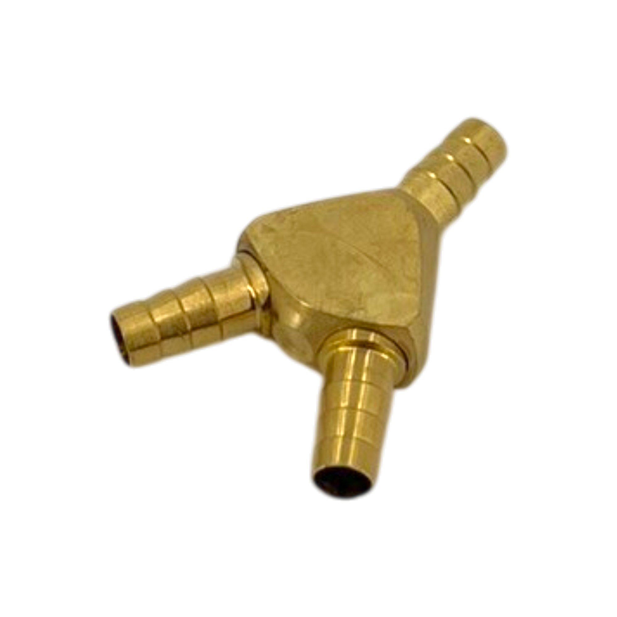 Y-Schlauchverbinder 6 mm, Messing massiv. Detailansicht des goldfarbenen, Y-förmigen Bauteils mit drei gerippten Schlauchanschlüssen.