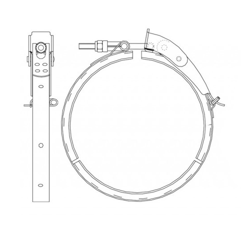 Technische Zeichnung der TEC-Klammer Typ L13, mit einem ringförmigen Körper, Bügelschnellverschluss und Sicherungssplint, gezeigt in einer Gesamt- und einer Detailansicht des Verschlusses.
