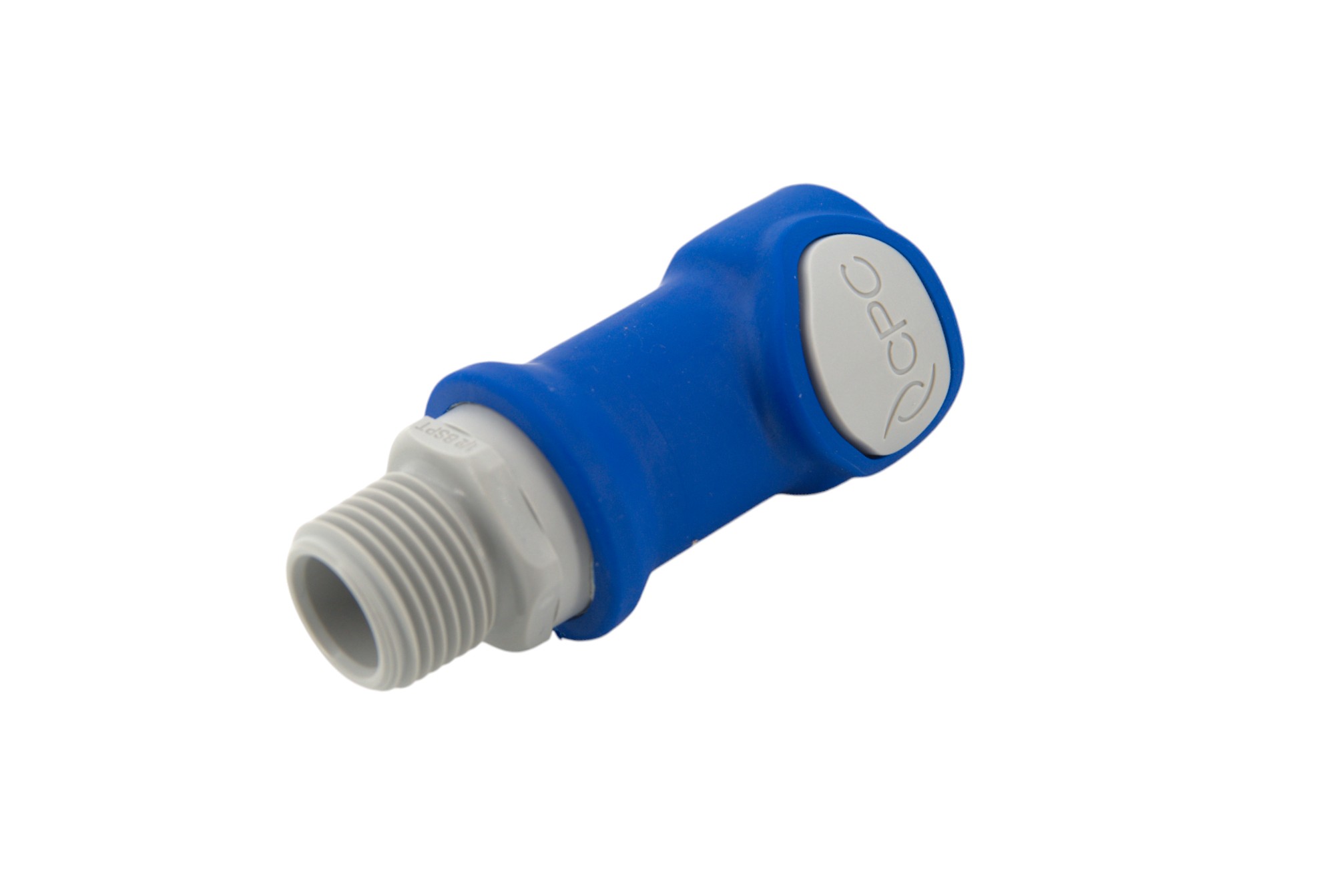 NS6D10008BSPTMBLU - NS6 CPC Schnellverschlusskupplung 1/2" BSPT Außengewinde, mit Absperrventil, EPDM - Blau. Blau-graue NS6 CPC Schnellverschlusskupplung mit 1/2 Zoll BSPT Außengewinde und integriertem Absperrventil.