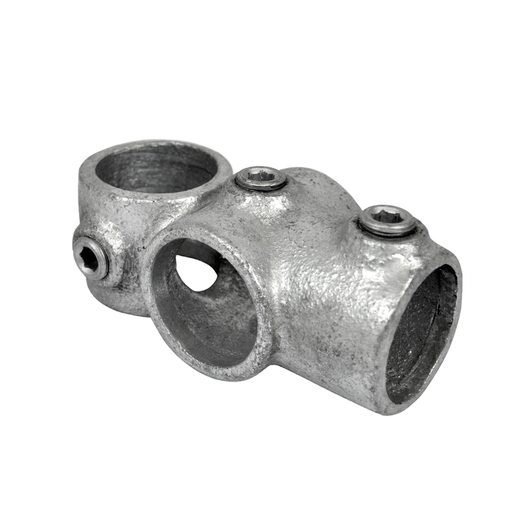Kreuz T-Stück, Rohrverbinder für Gestänge, Typ 30, 608030 Kreuz T-Stück, Rohrverbinder für Gestänge, Typ 30, 608030. Robustes, verzinktes Metallrohrverbindungsstück mit drei Abgängen und Innensechskantschrauben, ideal für stabile Rahmenkonstruktionen.