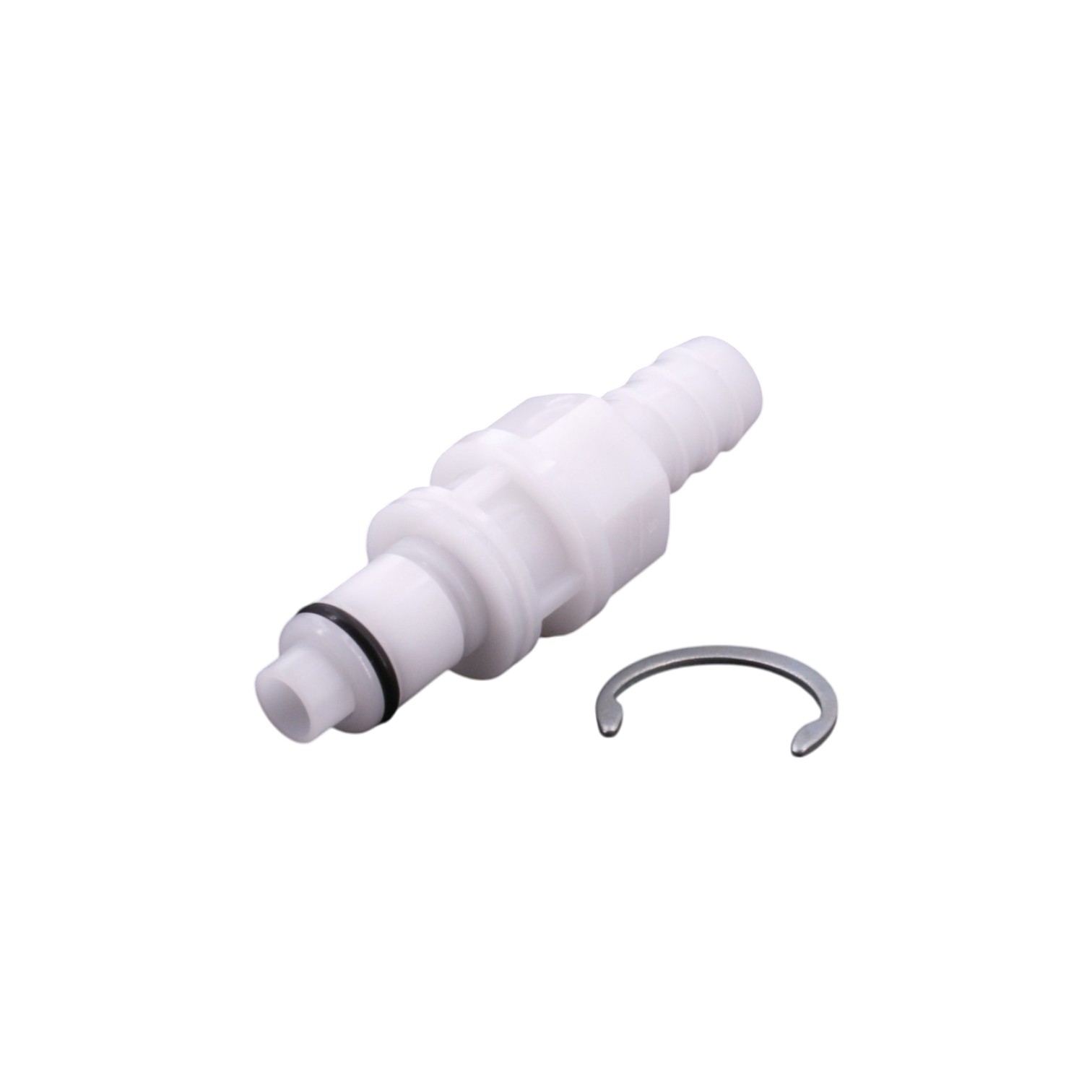 Stecker Anschluss für Westfalia Camping Außendusche – weißer Schnellverbinder mit Halteclip. Weißer Kunststoff-Stecker Anschluss für Westfalia Camping Außendusche, inklusive schwarzem O-Ring und silbernem Halteclip.