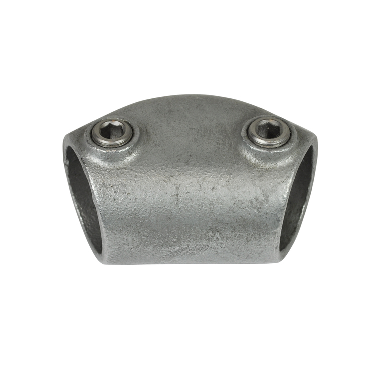 Gerader Rohrverbinder aus verzinktem Guss für stabile Rohrkonstruktionen. Metallischer Rohrverbinder mit zwei Innensechskantschrauben auf weißem Hintergrund.