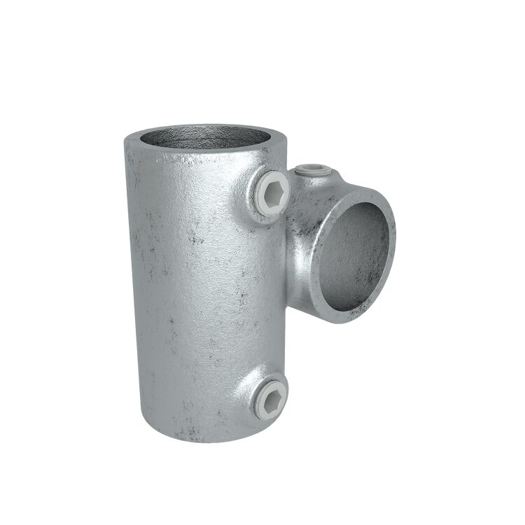 Silberfarbener Rohrverbinder Kreuzverbinder Typ 28L, lang vorgesetzt, 90 Grad, für Rohre mit 42,4 mm Durchmesser, mit seitlichen Inbusschrauben zur Befestigung